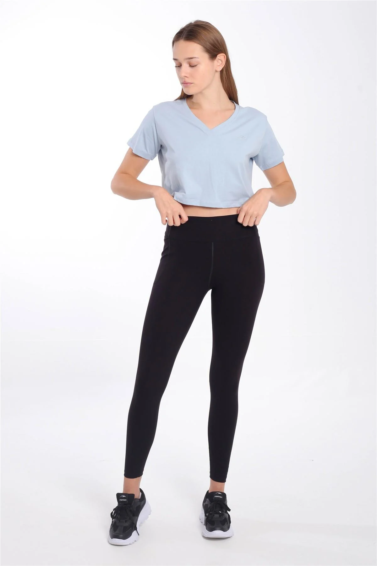 Maraton Regular Kadın V Yaka Mavi Crop Top - 4