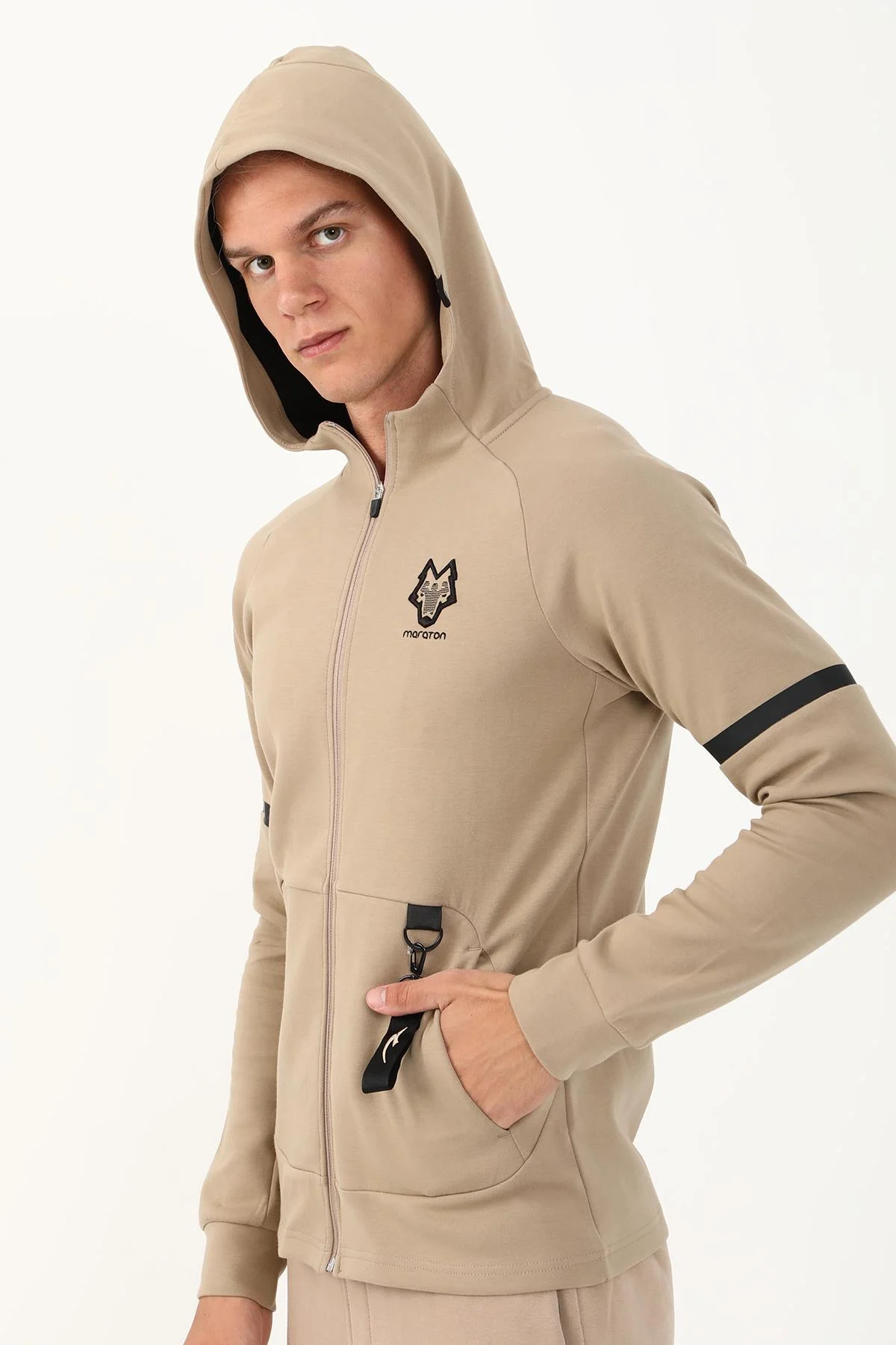 Maraton SlimFit Erkek Kapüşonlu Açık Vizon Eşofman Üstü - 4