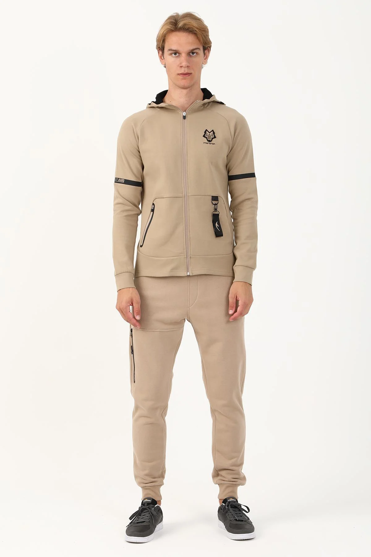 Maraton SlimFit Erkek Kapüşonlu Açık Vizon Eşofman Üstü - 5