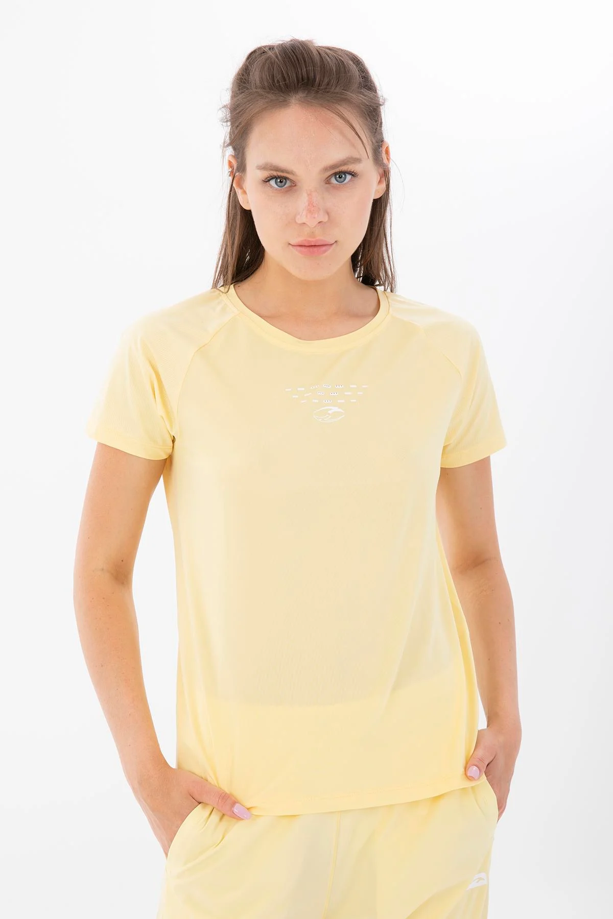 Maraton SlimFit Kadın Bisiklet Yaka Açık Sarı T-shirt