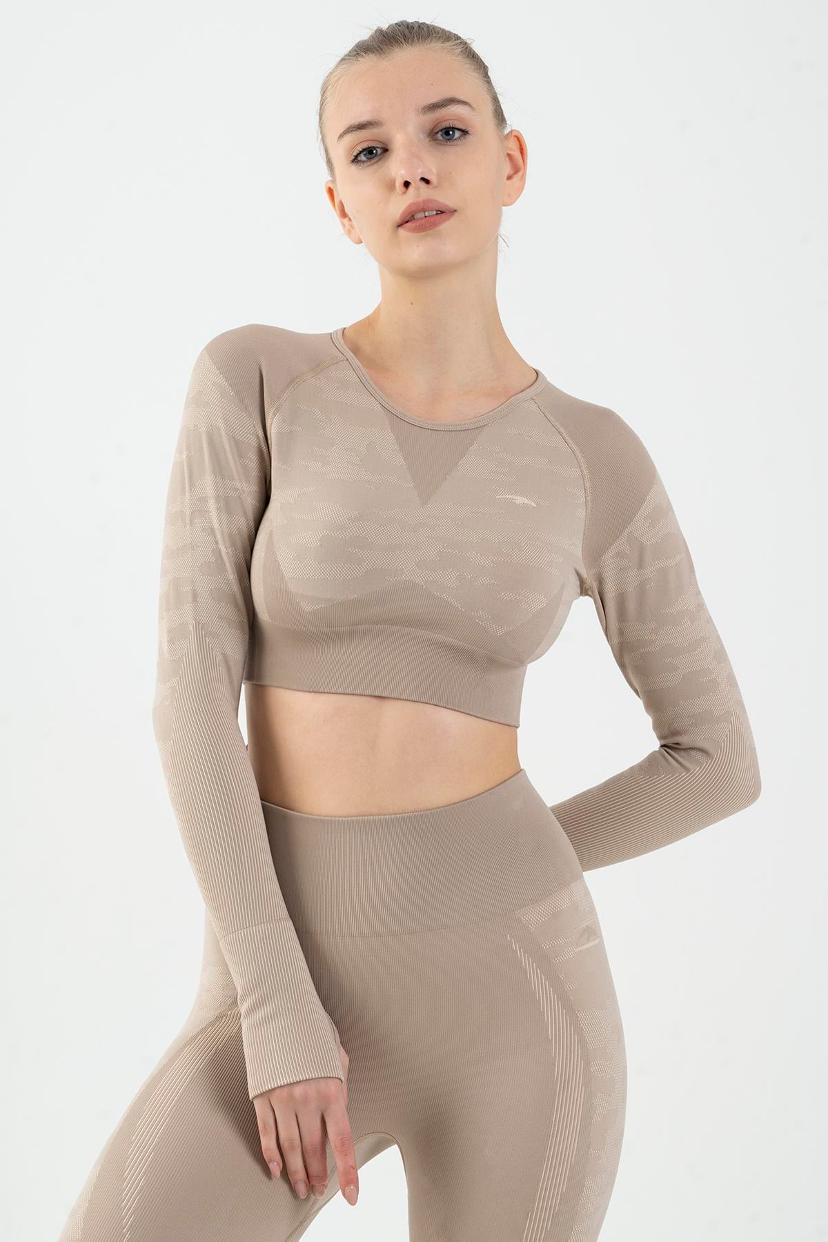 Maraton SlimFit Kadın Bisiklet Yaka Açık Vizon Crop Top