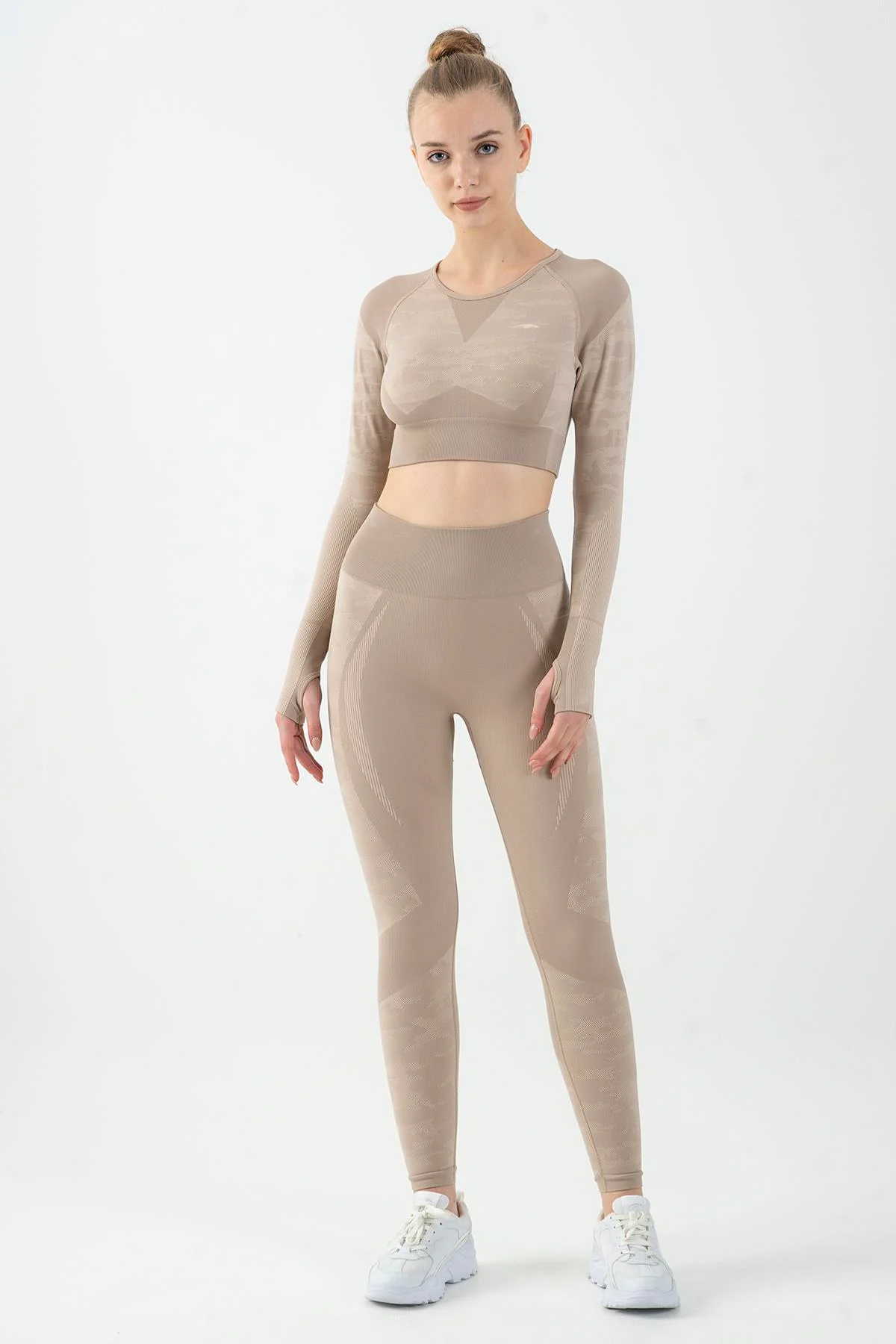 Maraton SlimFit Kadın Bisiklet Yaka Açık Vizon Crop Top - 5