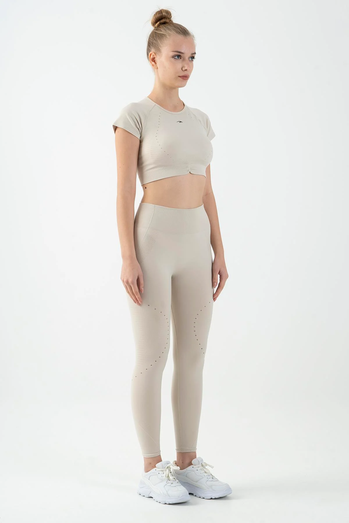 Maraton SlimFit Kadın Bisiklet Yaka Bej- Crop Top - 5