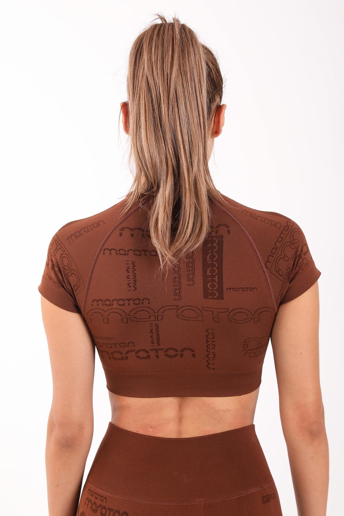 Maraton SlimFit Kadın Bisiklet Yaka Sepya Crop Top - 3