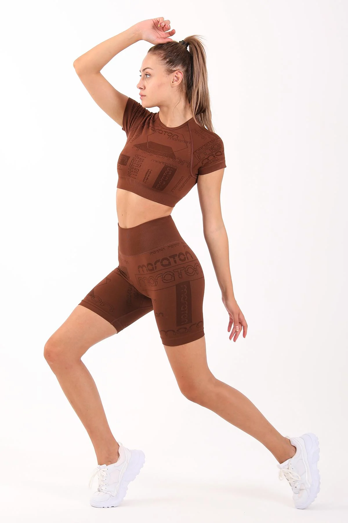 Maraton SlimFit Kadın Bisiklet Yaka Sepya Crop Top - 5