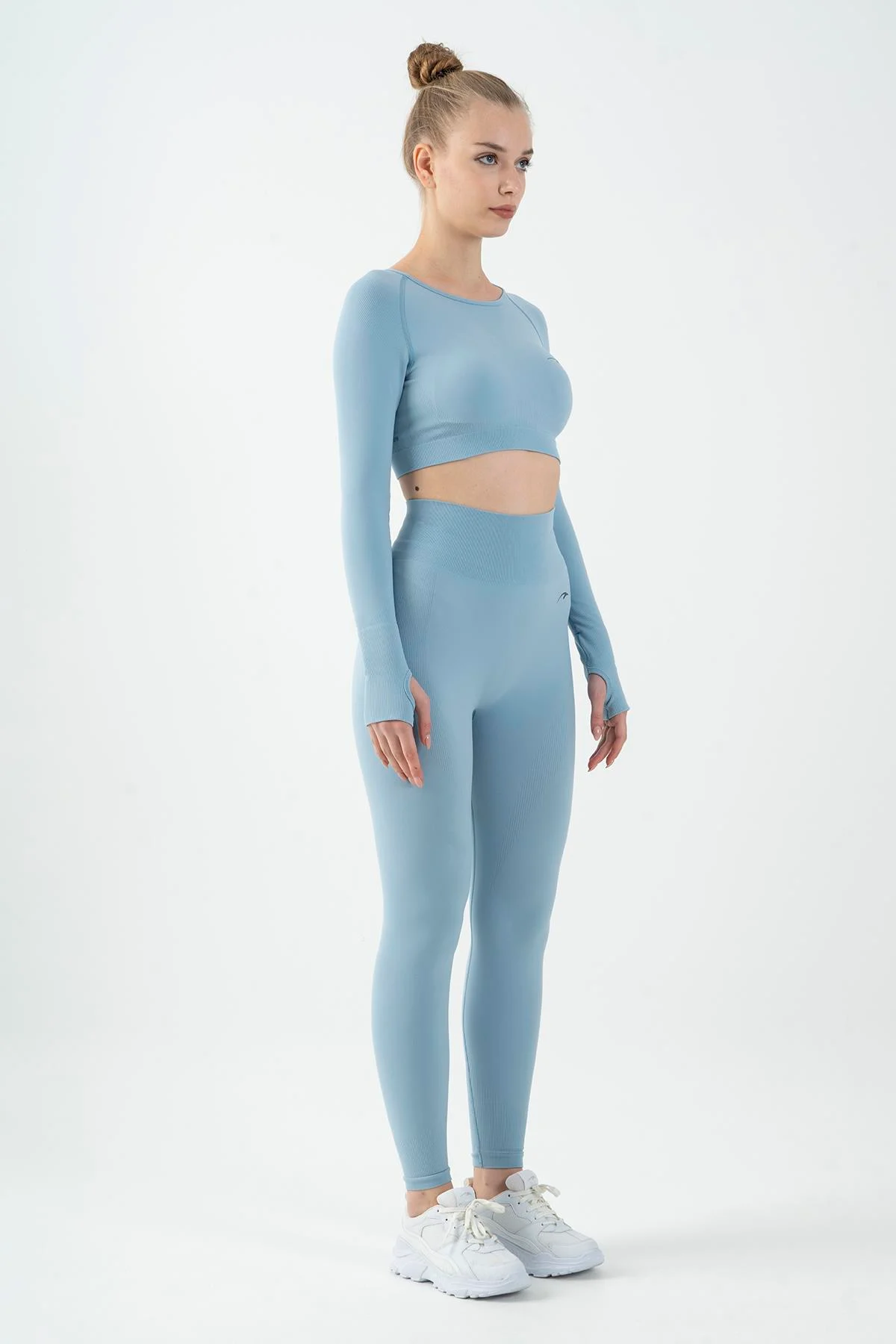 Maraton SlimFit Kadın Bisiklet Yaka Sislimavi Crop Top - 5