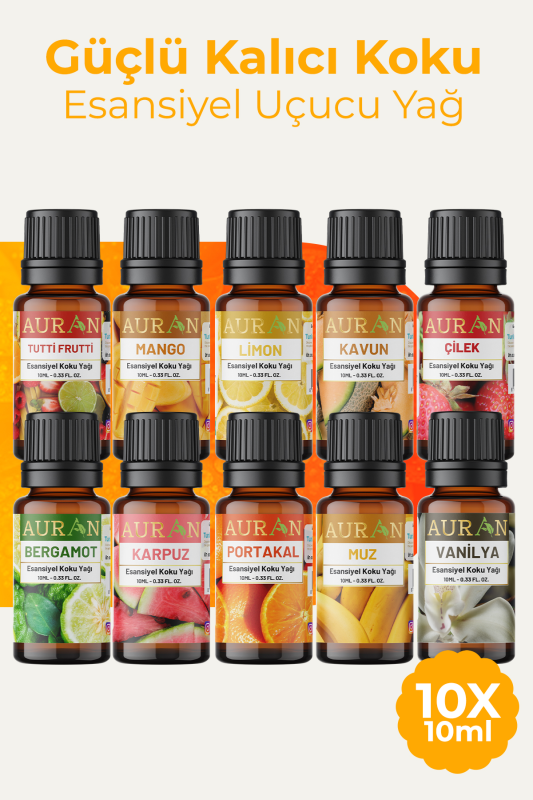 Auran Meyveler 10'lu Set Saf Esansiyel Uçucu Yağ Buhurdanlık Yağı Buhar Makinesi Esansı Aroma 10x 10ml