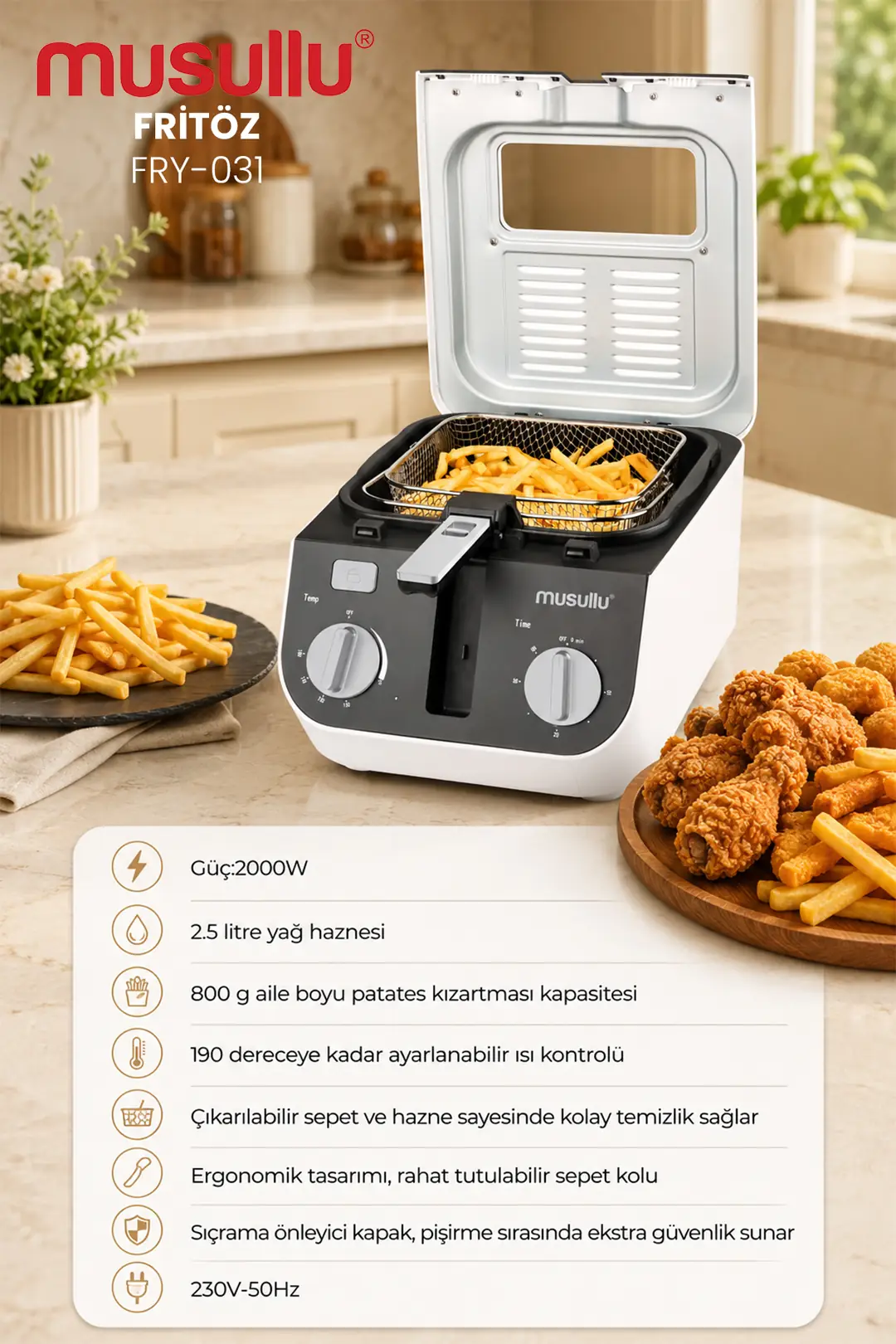 Musullu FRY-031 Fritöz - 2.5 L Kapasite, 2000 W, Zamanlayıcılı, Yapışmaz Hazne - 2
