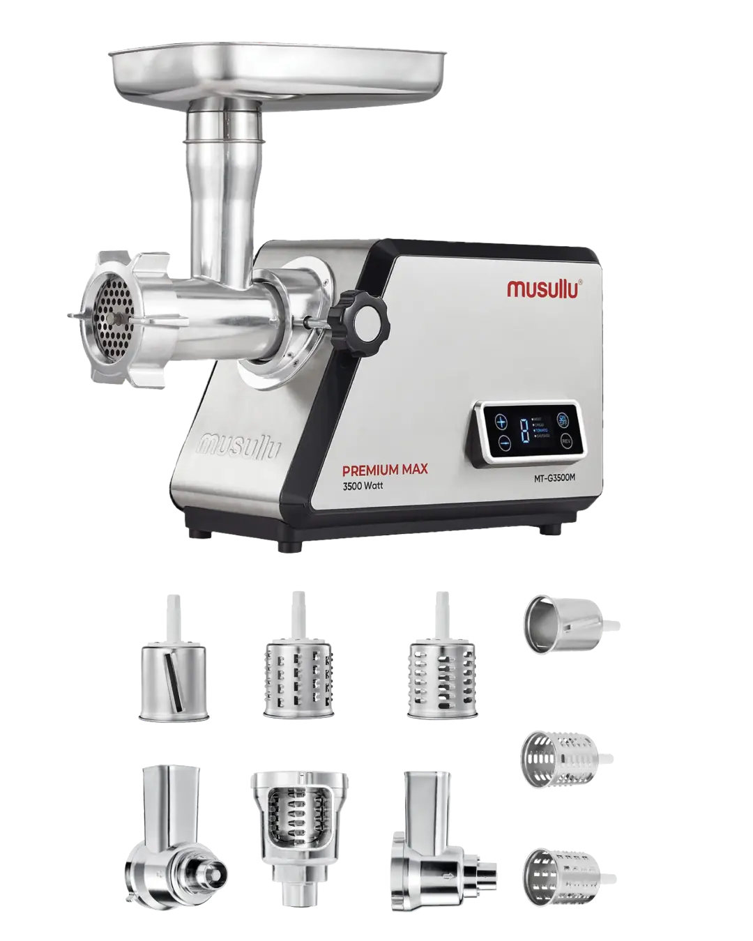 Musullu Premium Max 3500W Et Kıyma Makinesi – Dijital Ekranlı, Metal Dişlili, Rende ve Kıyma Aparatlı