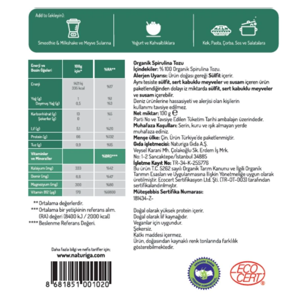 Naturiga Organik Spirulina Tozu  100 gr - 2