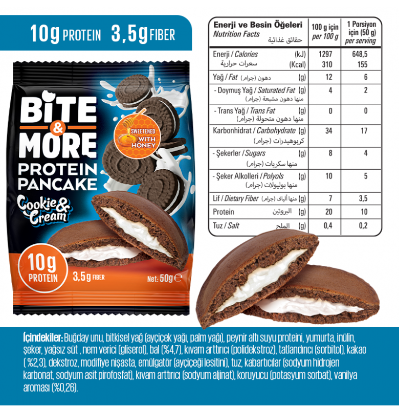 Bite & More Cocoa Protein Pancake Cookie Cream 12 Adet x 50 gram - 2