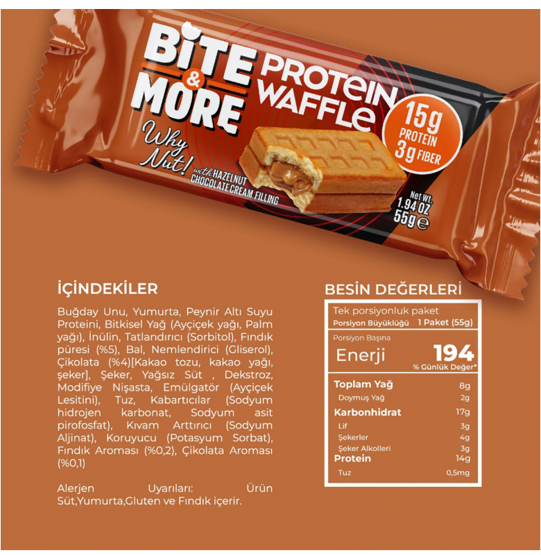 Bite & More Protein Waffle Fındık 12 Adet x 55 Gram - 3
