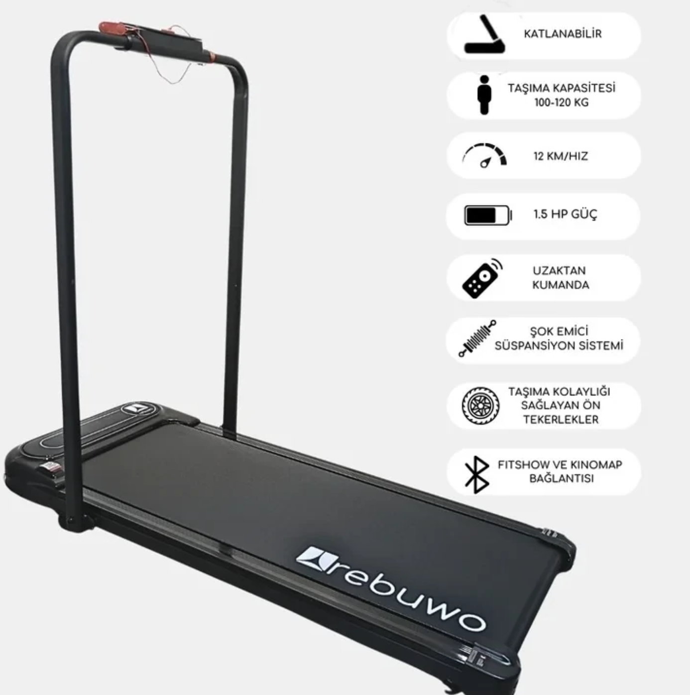 (OUTLET) Rebuwo RW12 Bluetoothlu Uzaktan Kumandalı Katlanabilir Koşu Bandı Portatif Yürüyüş Bandı 1.5 HP Motor