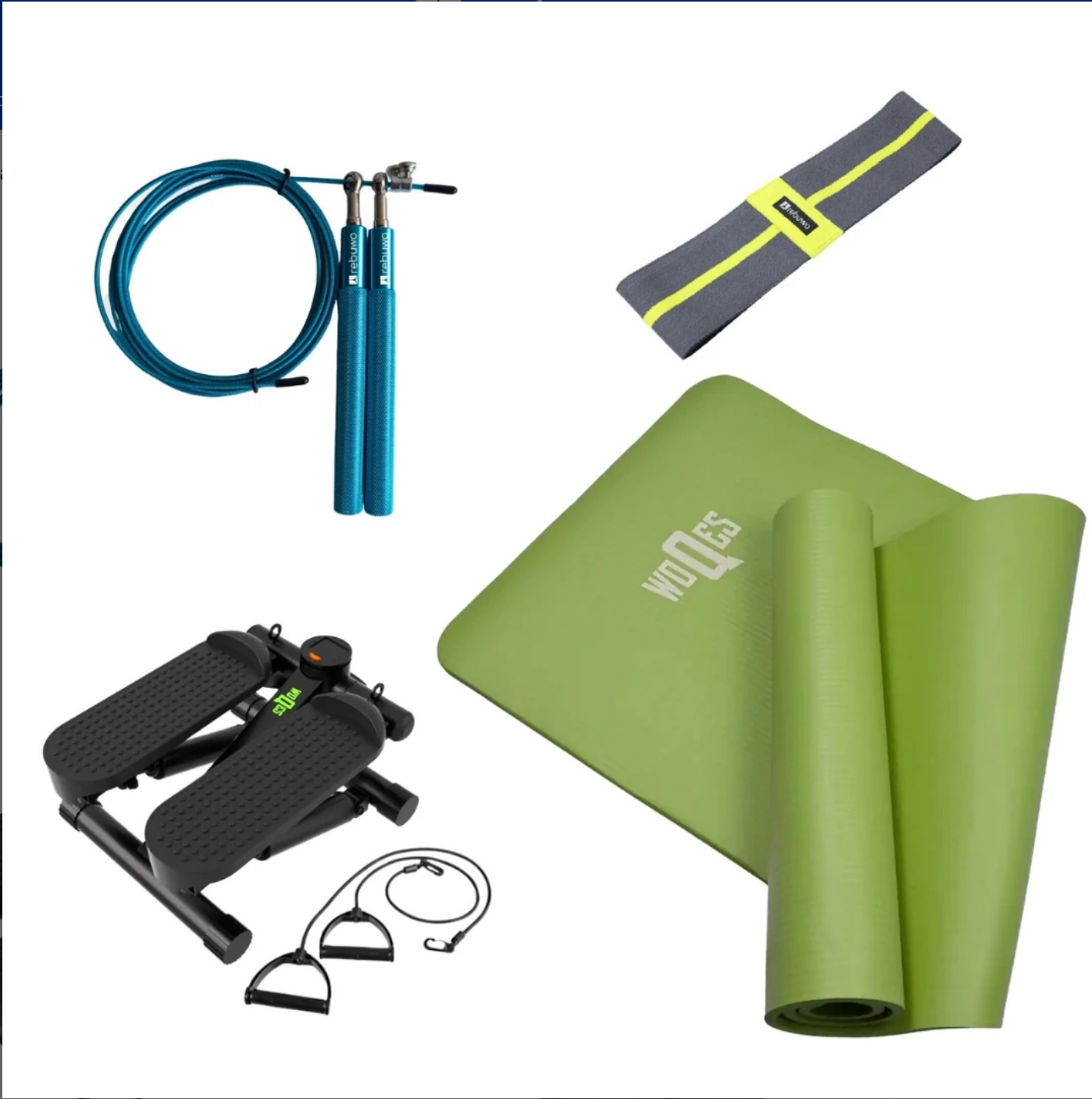 WOQES WOQES Kardiyo Seti – Mini Stepper, 35 cm Direnç Bandı, Yeşil NBR Yoga Matı ve Ayarlanabilir Hızlı Atlama İpi | Evde Spor İçin 4’lü Egzersiz Seti