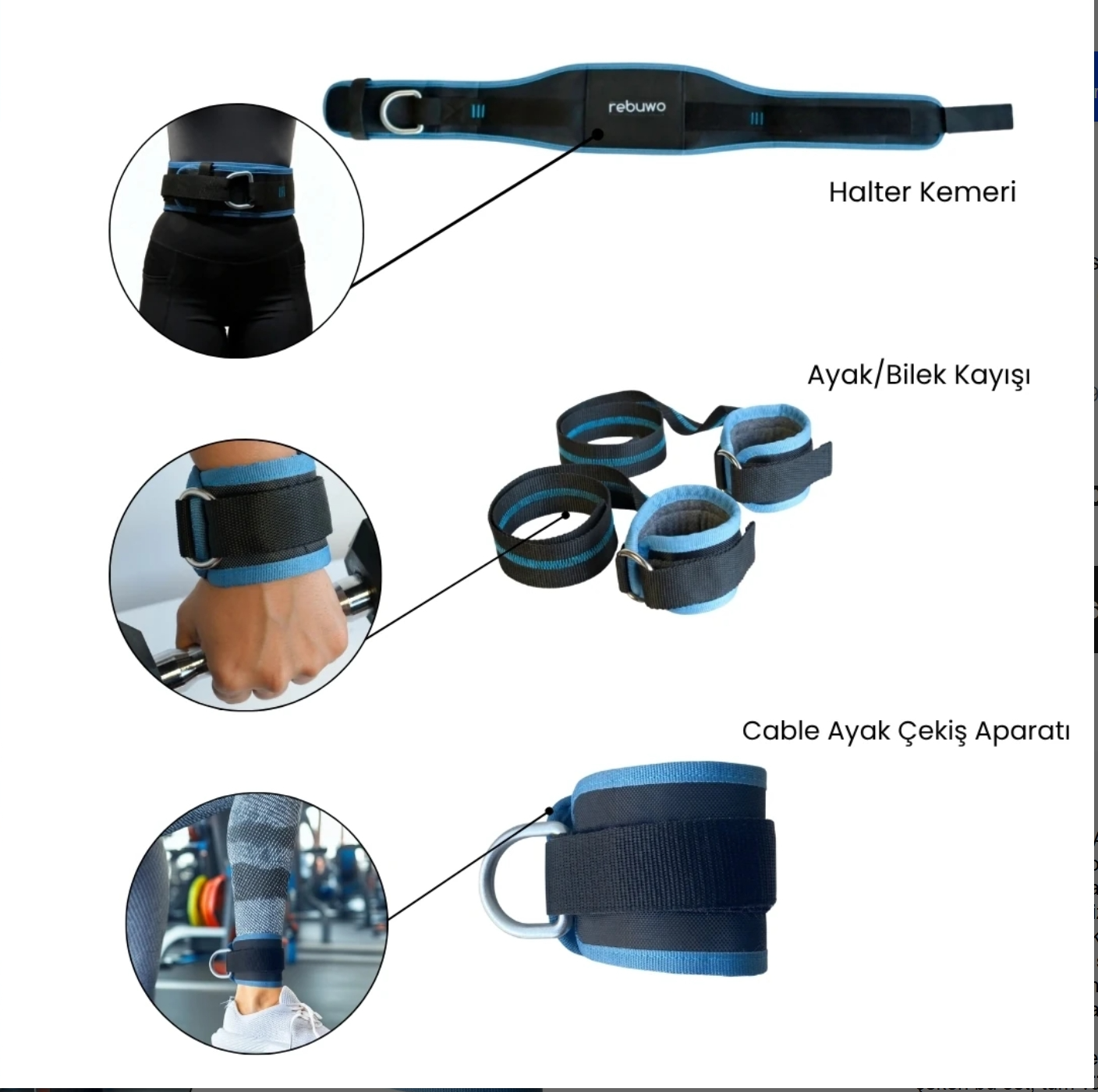REBUWO Rebuwo 3'lü Fitness Seti | Halter Kemeri(100 cm) + Ayak/Bilek Kayışı + Cable Ayak Çekiş Aparatı