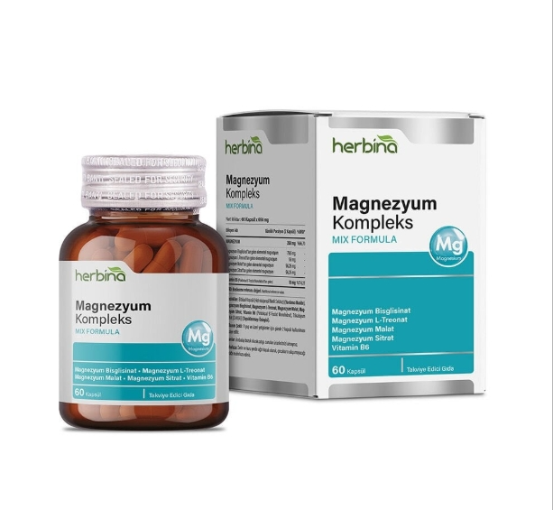 Herbina Magnezyum Complex 60 Kapsül - Bisiglinat - Taurat - Malat - Sitrat - B6