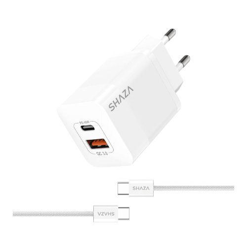 SHAZA Çift Çıkışlı Usb Type-C & QC3.0 PD 45W  Şarj Adaptörü ve Orijinal Sarım Type-C To Type-C Kablo
