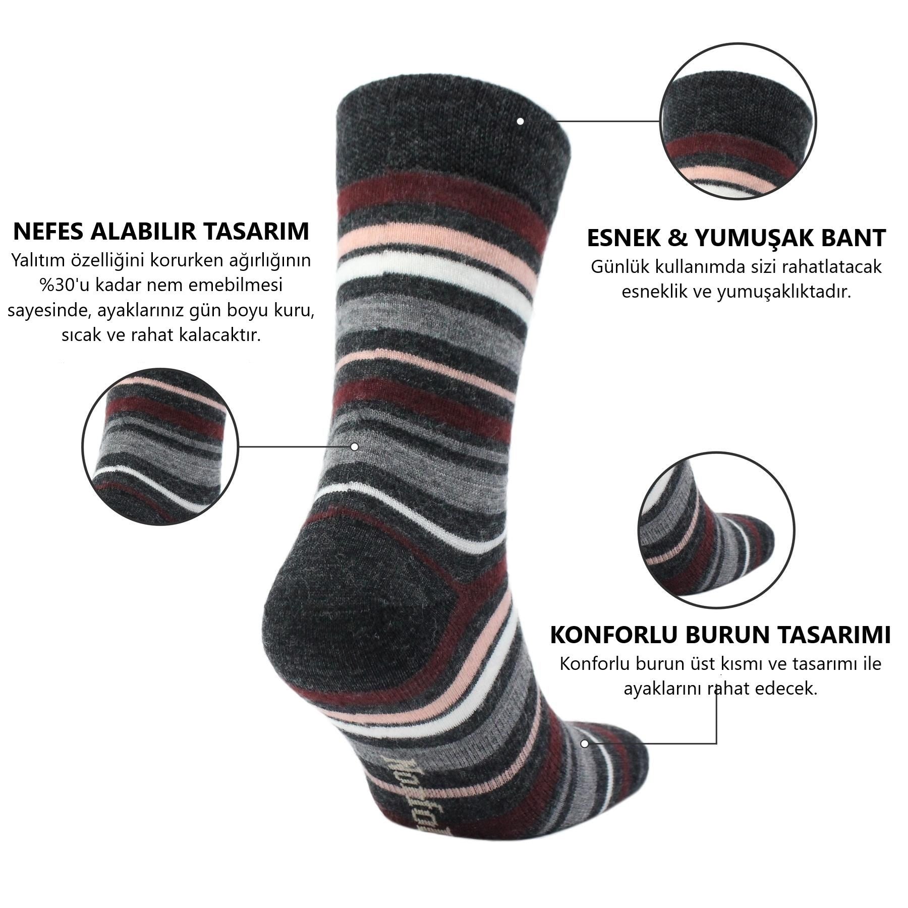 STOCKHOLM Merinos Yünü İnce Örgü Premium Gündelik Günlük Çorap 3'lü Paket Kahve Tonları - 3