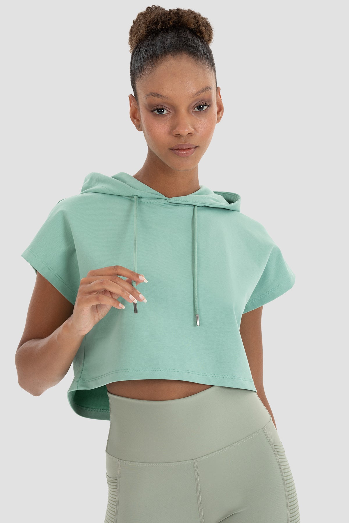 Alice Kapüşonlu Kısa Kollu Açık Yeşil Crop Sweatshirt - 4