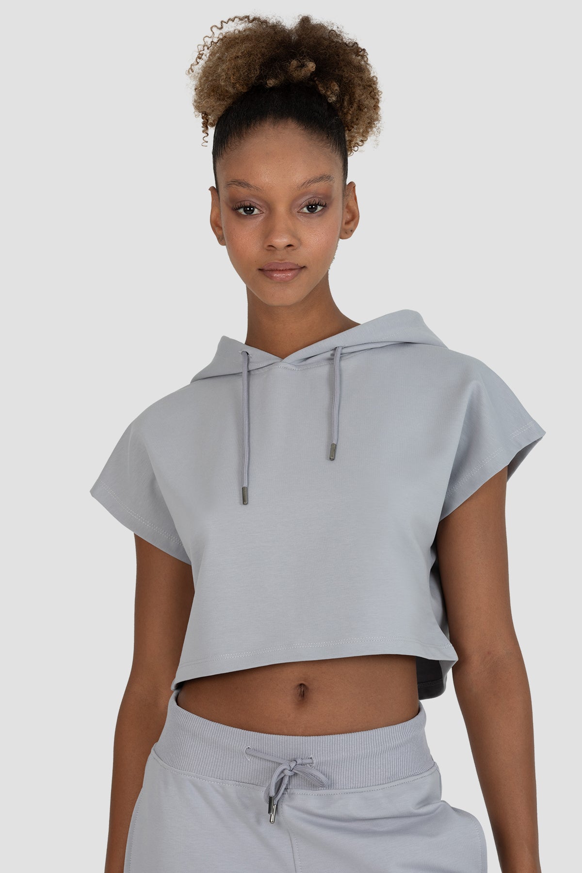 Alice Kapüşonlu Kısa Kollu Gri Crop Sweatshirt - 3