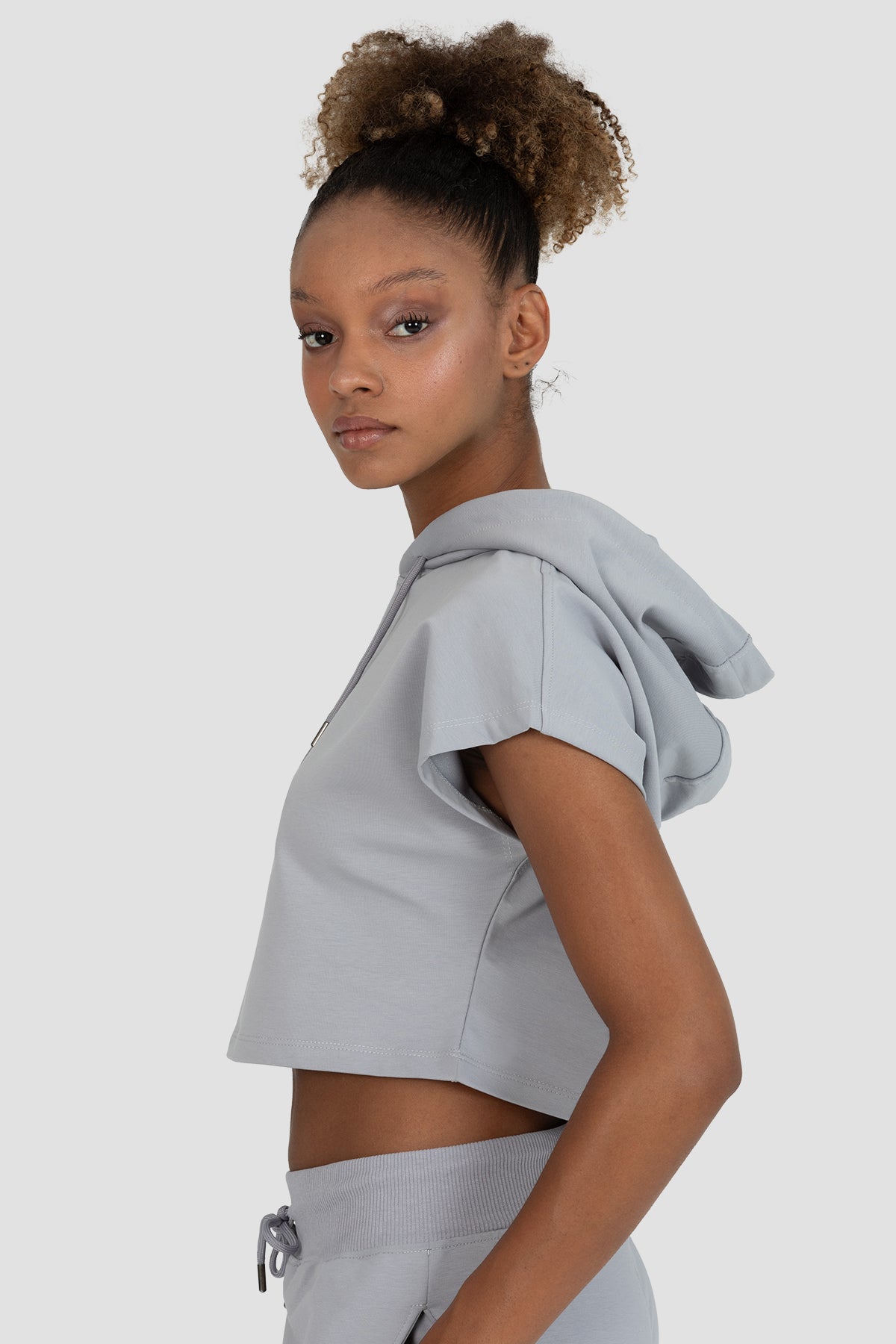 Alice Kapüşonlu Kısa Kollu Gri Crop Sweatshirt - 4