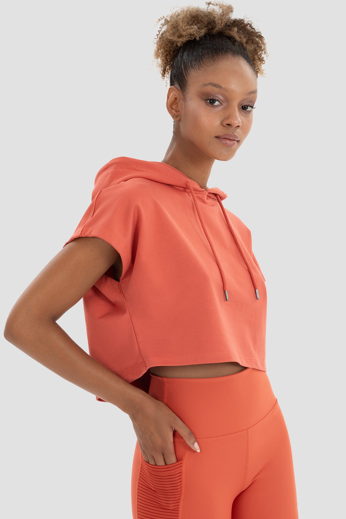 Alice Kapüşonlu Kısa Kollu Kiremit Crop Sweatshirt - 4