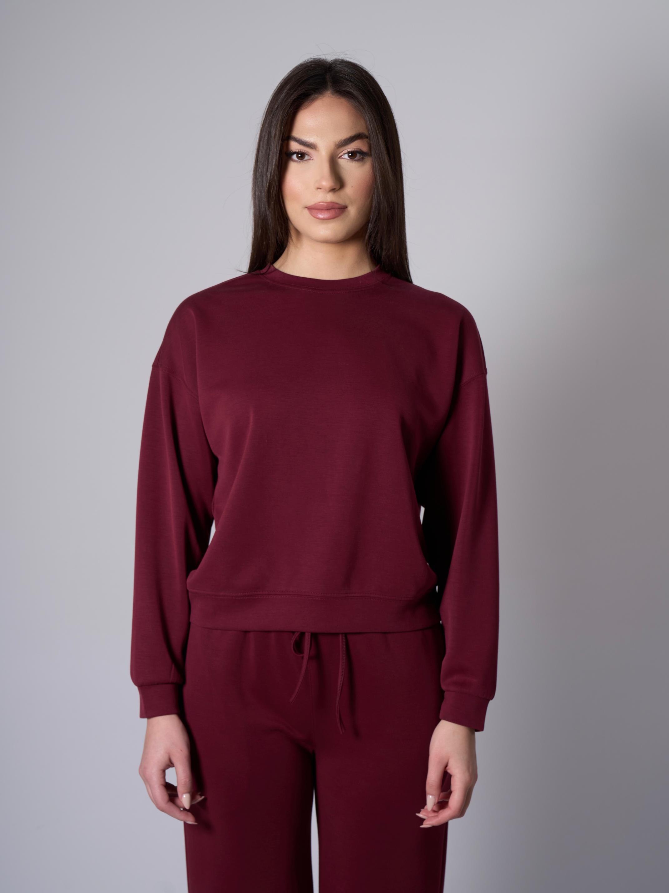 Cleo Yanları Yırtmaçlı Modal Bisiklet Yaka Bordo Sweatshirt