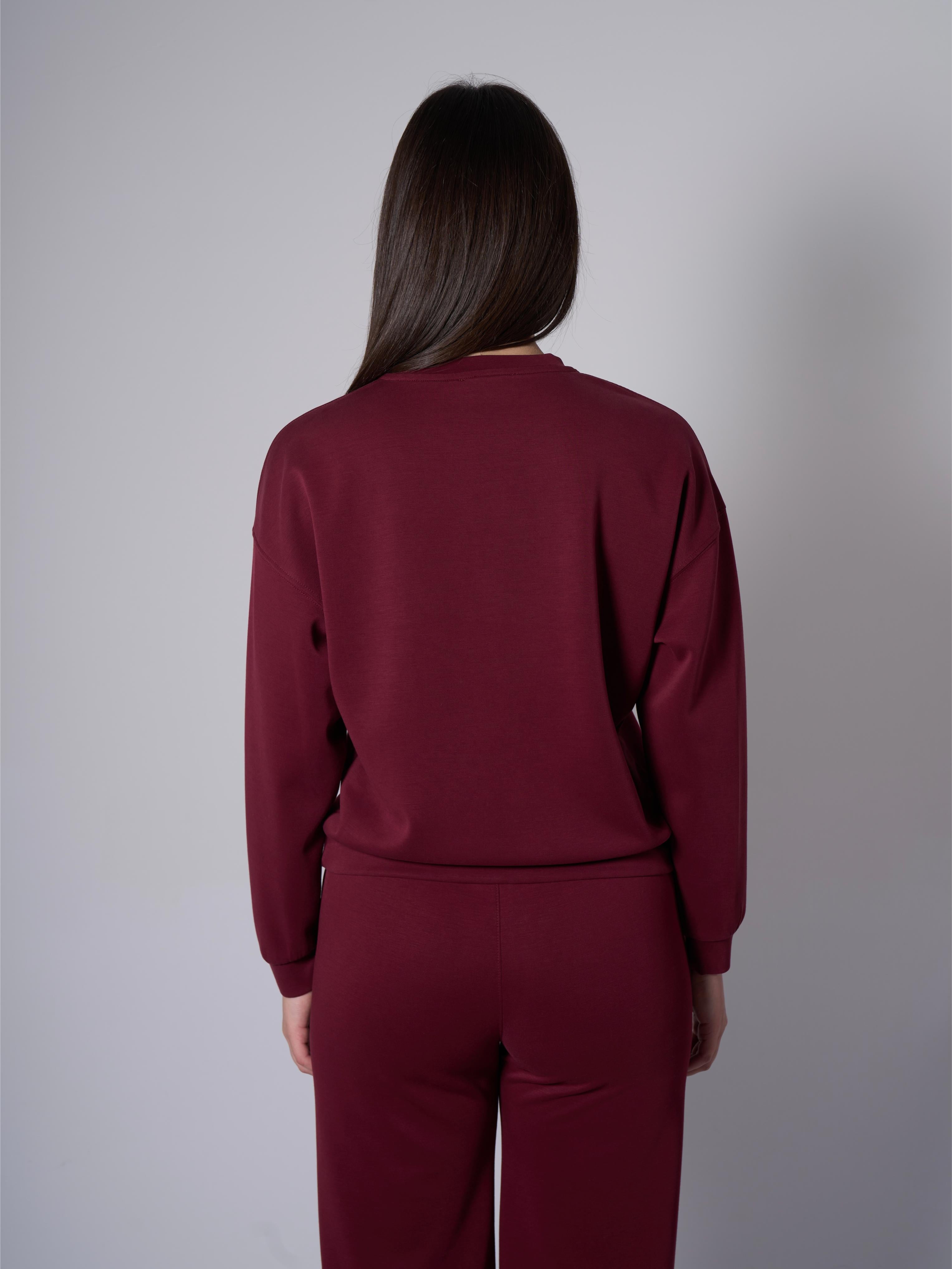 Cleo Yanları Yırtmaçlı Modal Bisiklet Yaka Bordo Sweatshirt - 4