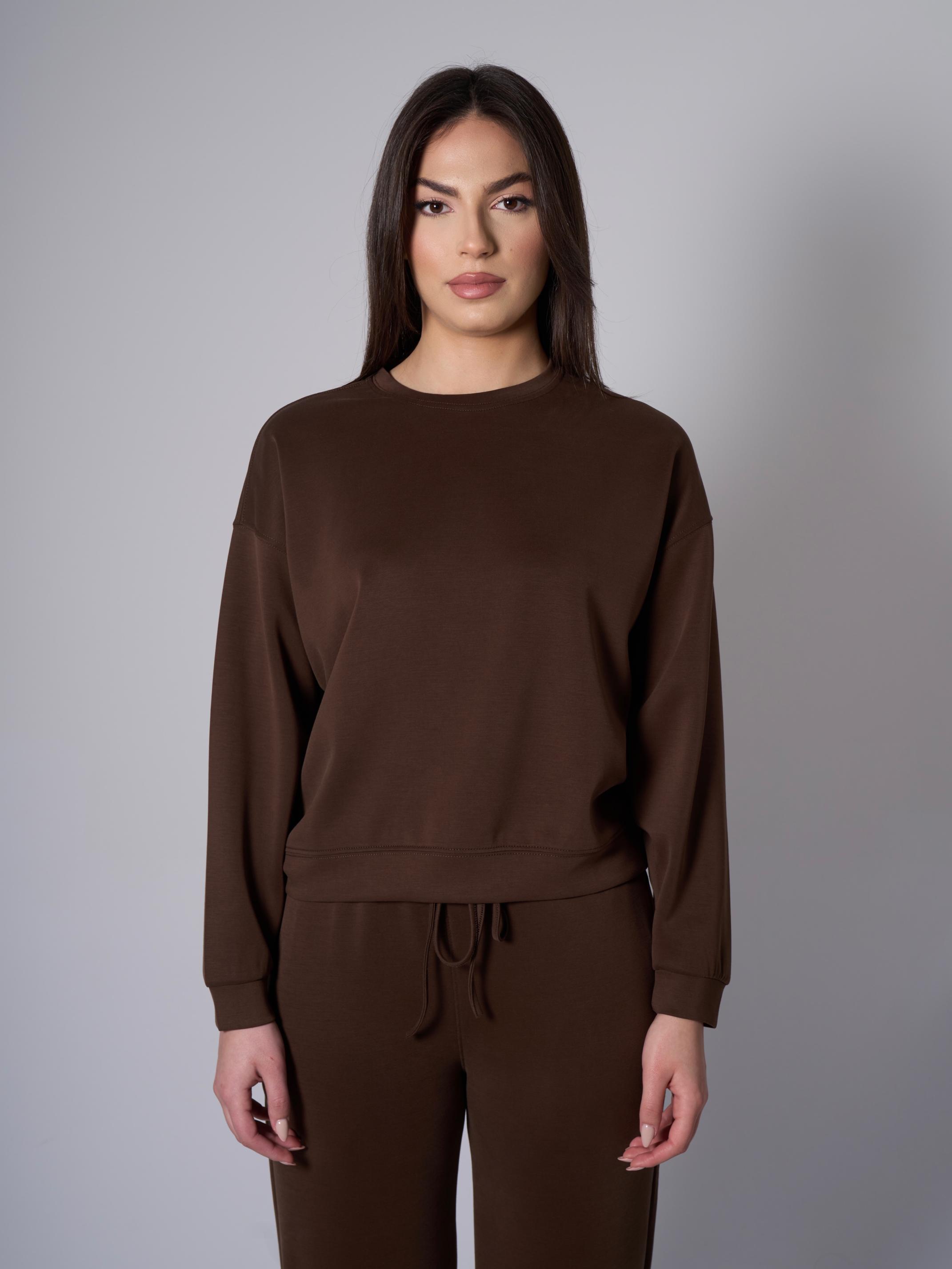 Cleo Yanları Yırtmaçlı Modal Bisiklet Yaka Kahverengi Sweatshirt