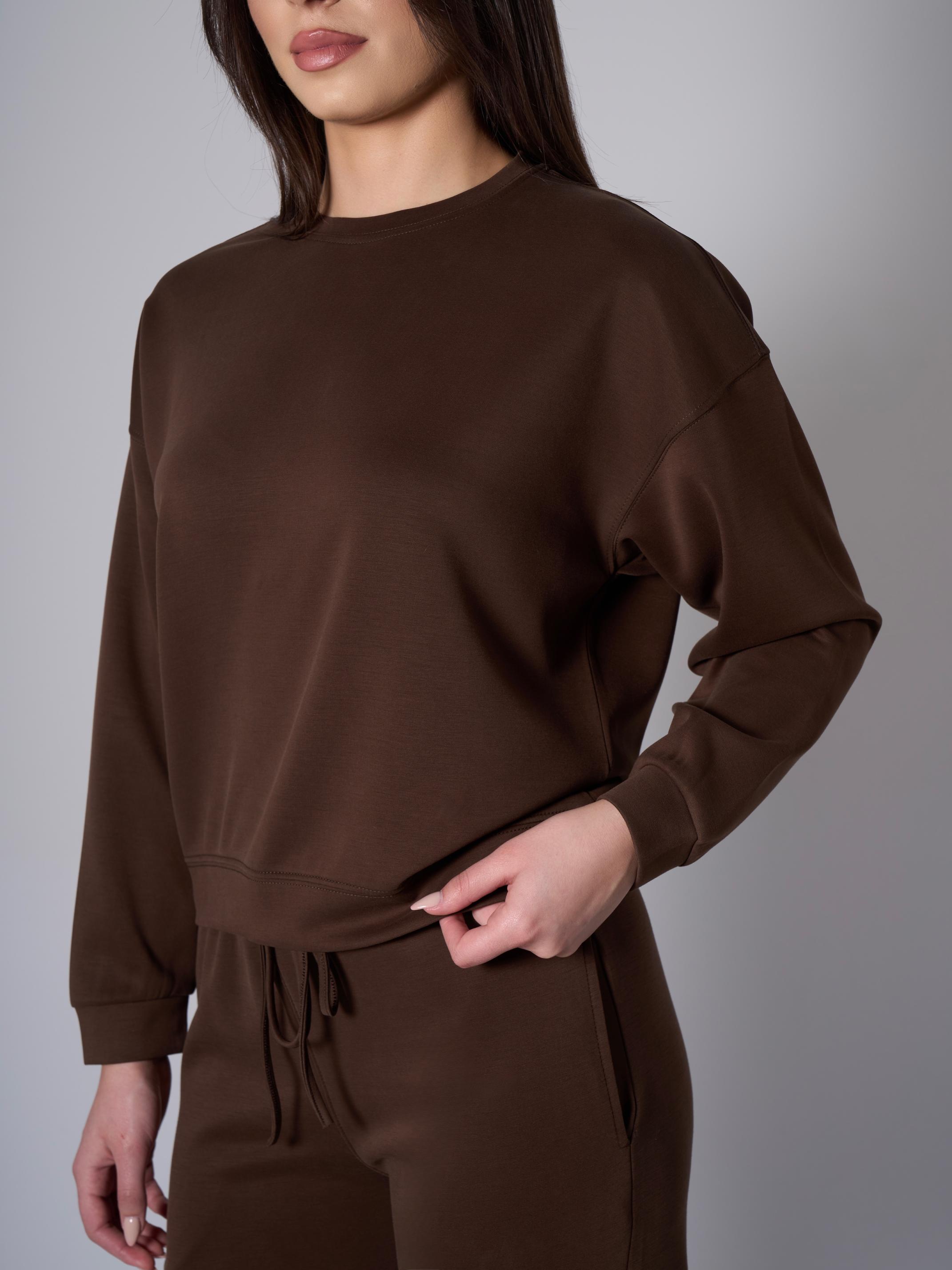 Cleo Yanları Yırtmaçlı Modal Bisiklet Yaka Kahverengi Sweatshirt - 3