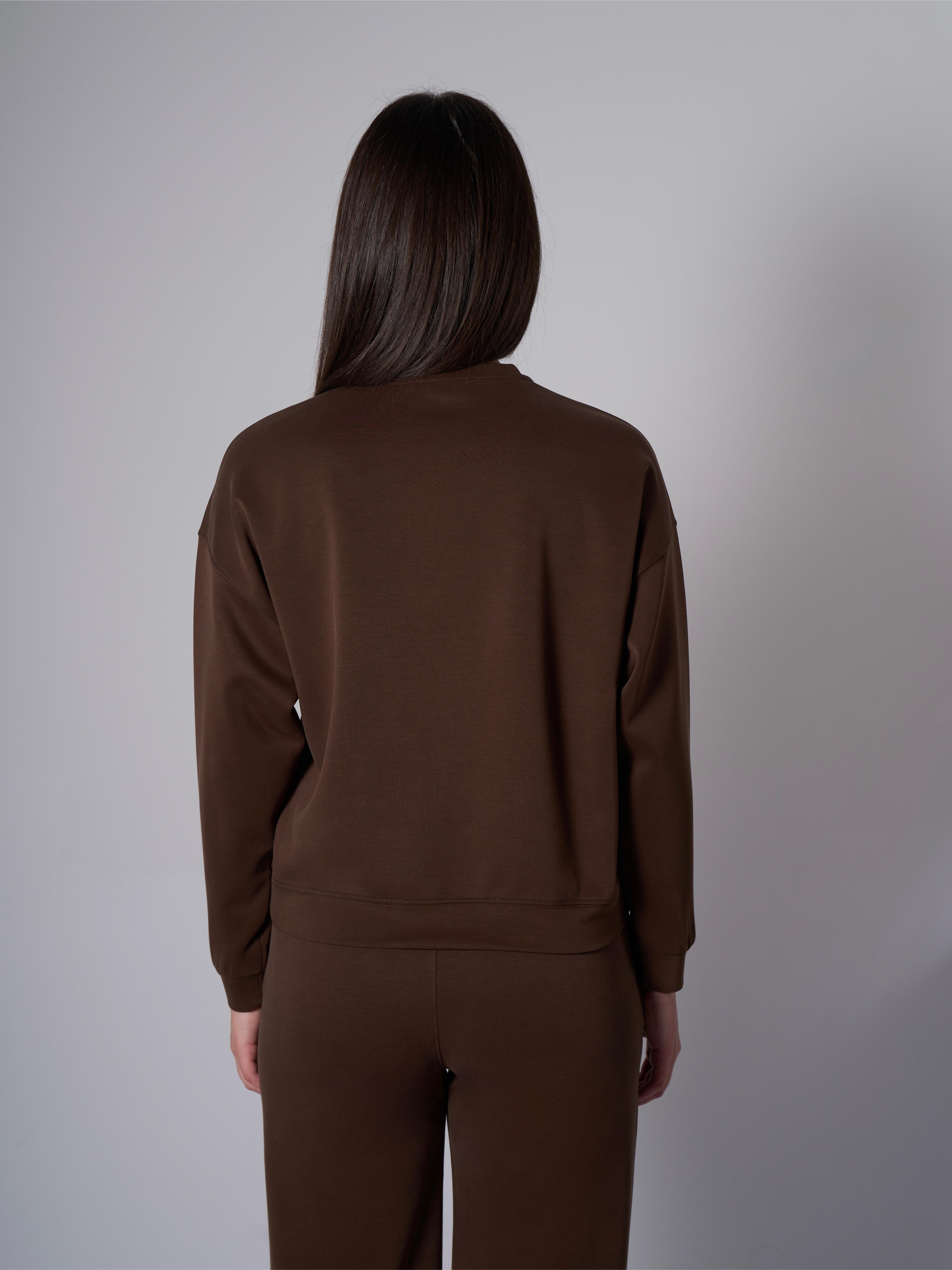 Cleo Yanları Yırtmaçlı Modal Bisiklet Yaka Kahverengi Sweatshirt - 4