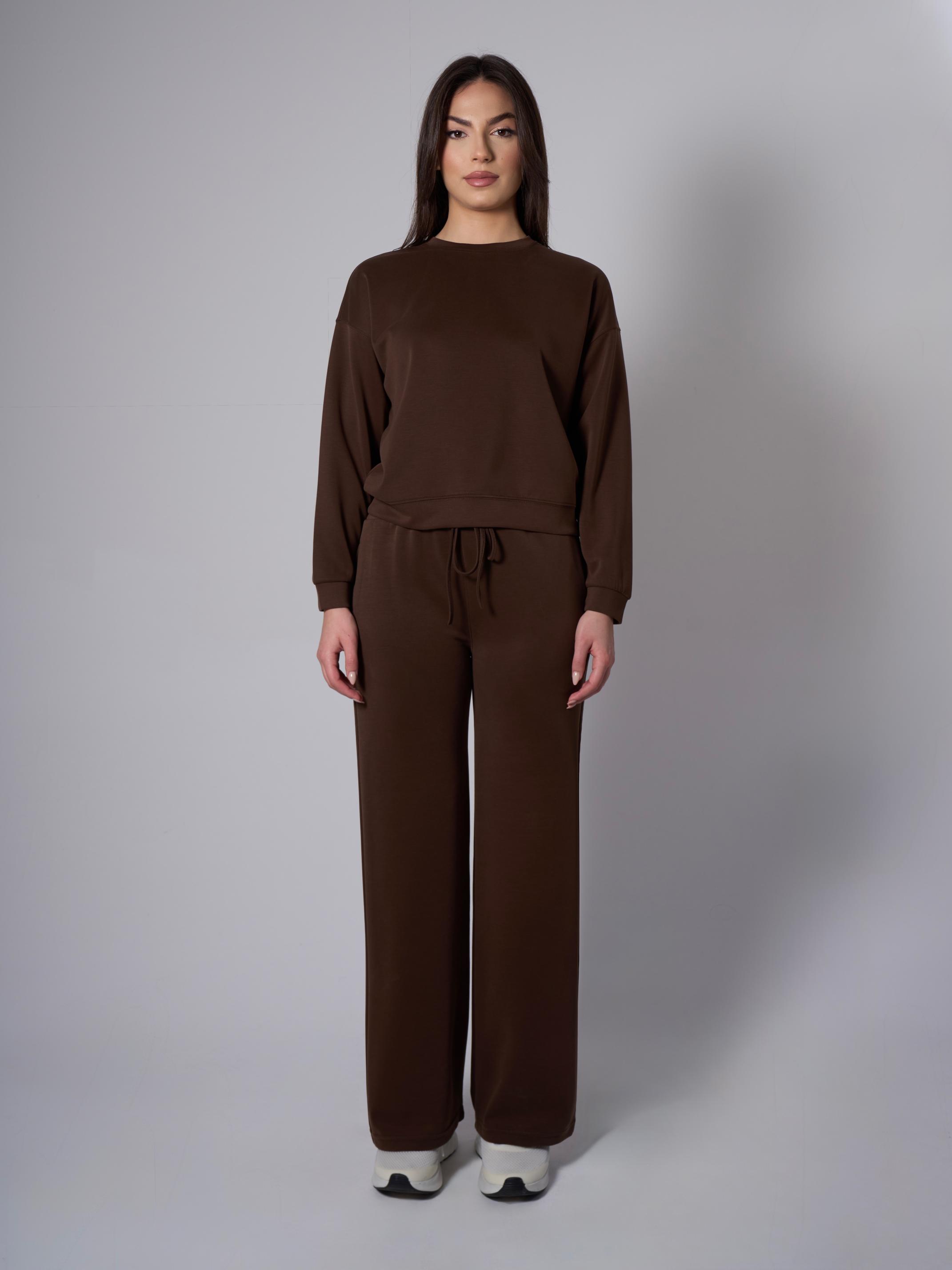 Cleo Yanları Yırtmaçlı Modal Bisiklet Yaka Kahverengi Sweatshirt - 5