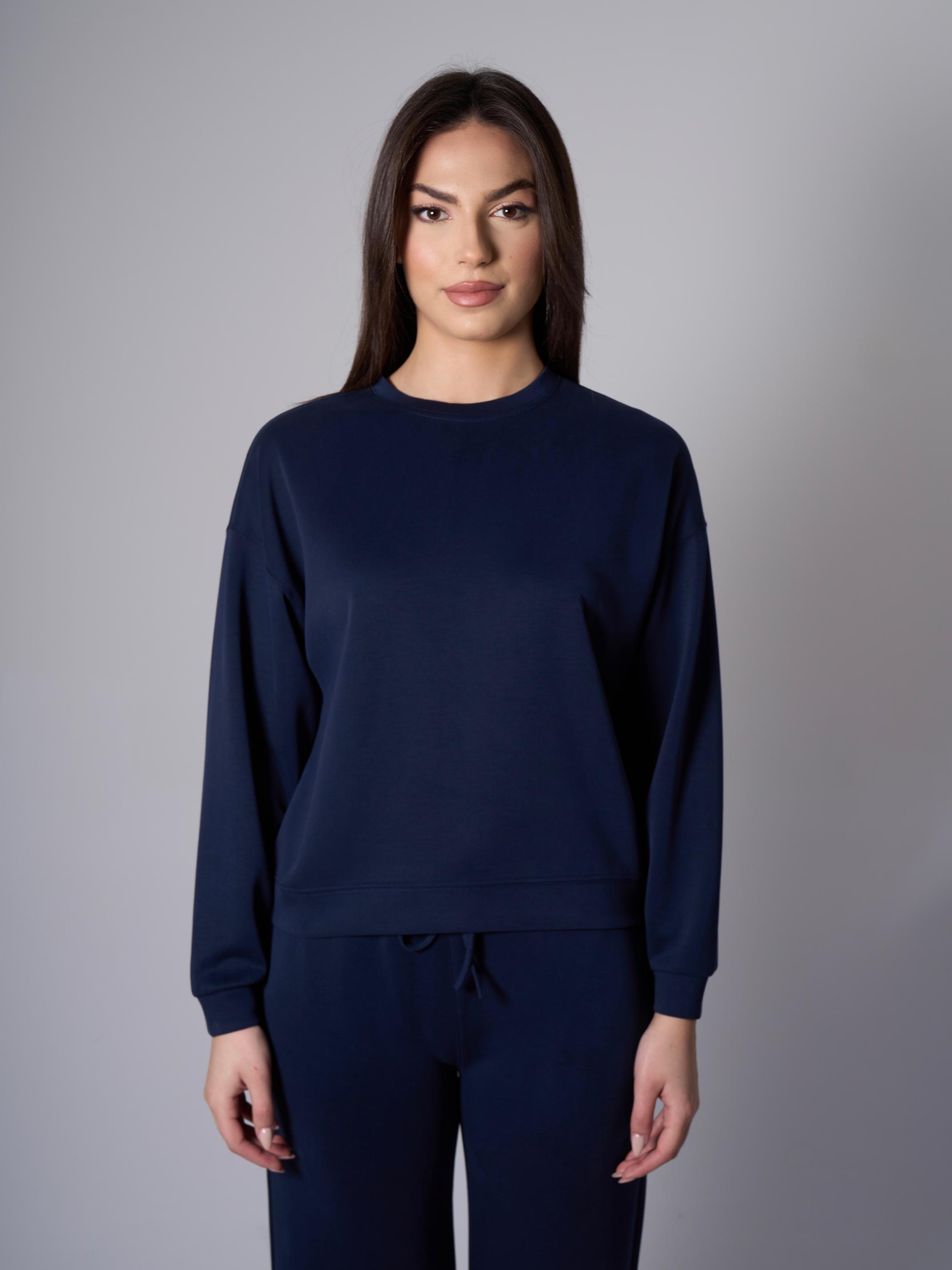 Cleo Yanları Yırtmaçlı Modal Bisiklet Yaka Lacivert Sweatshirt