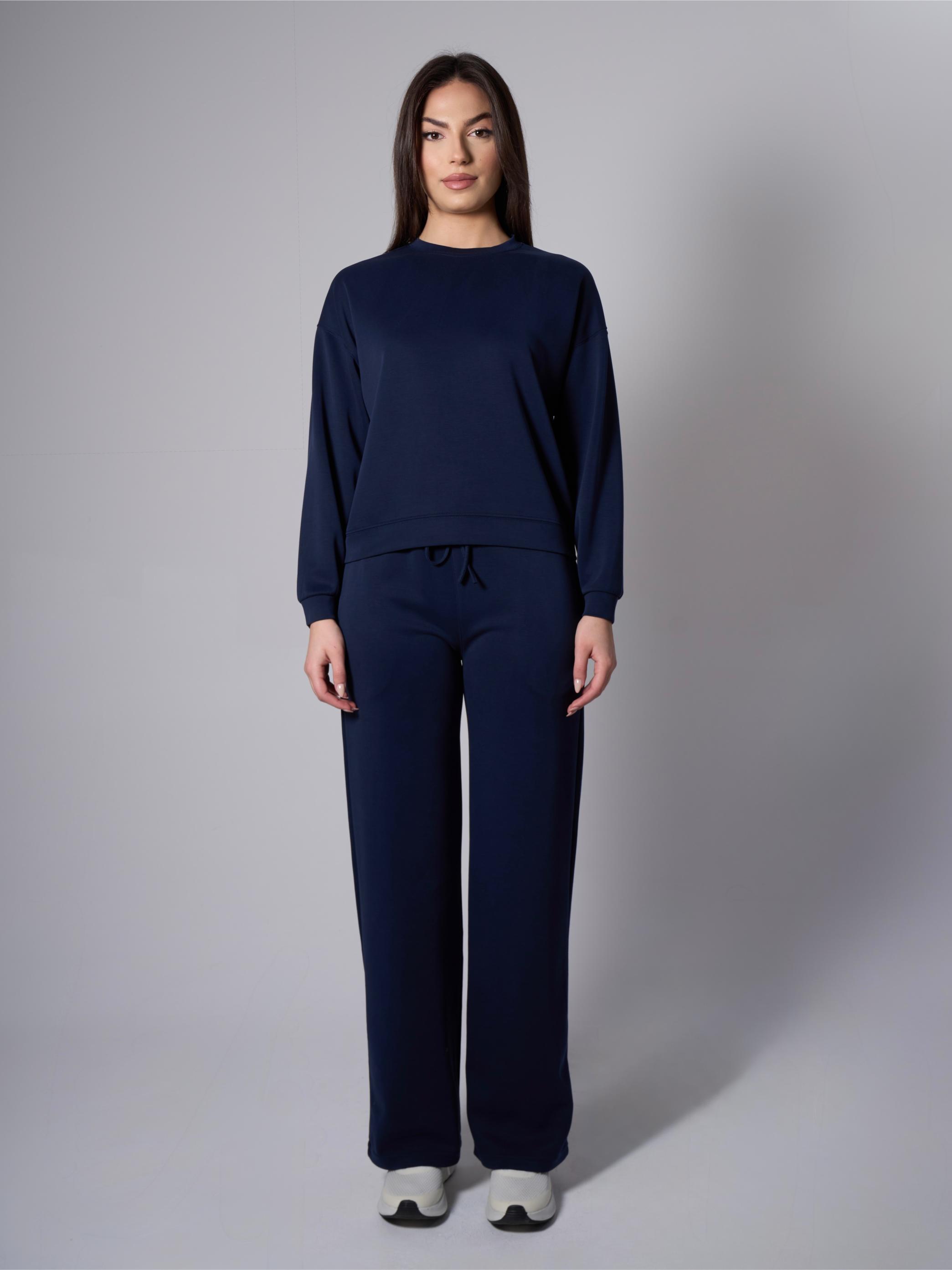 Cleo Yanları Yırtmaçlı Modal Bisiklet Yaka Lacivert Sweatshirt - 4