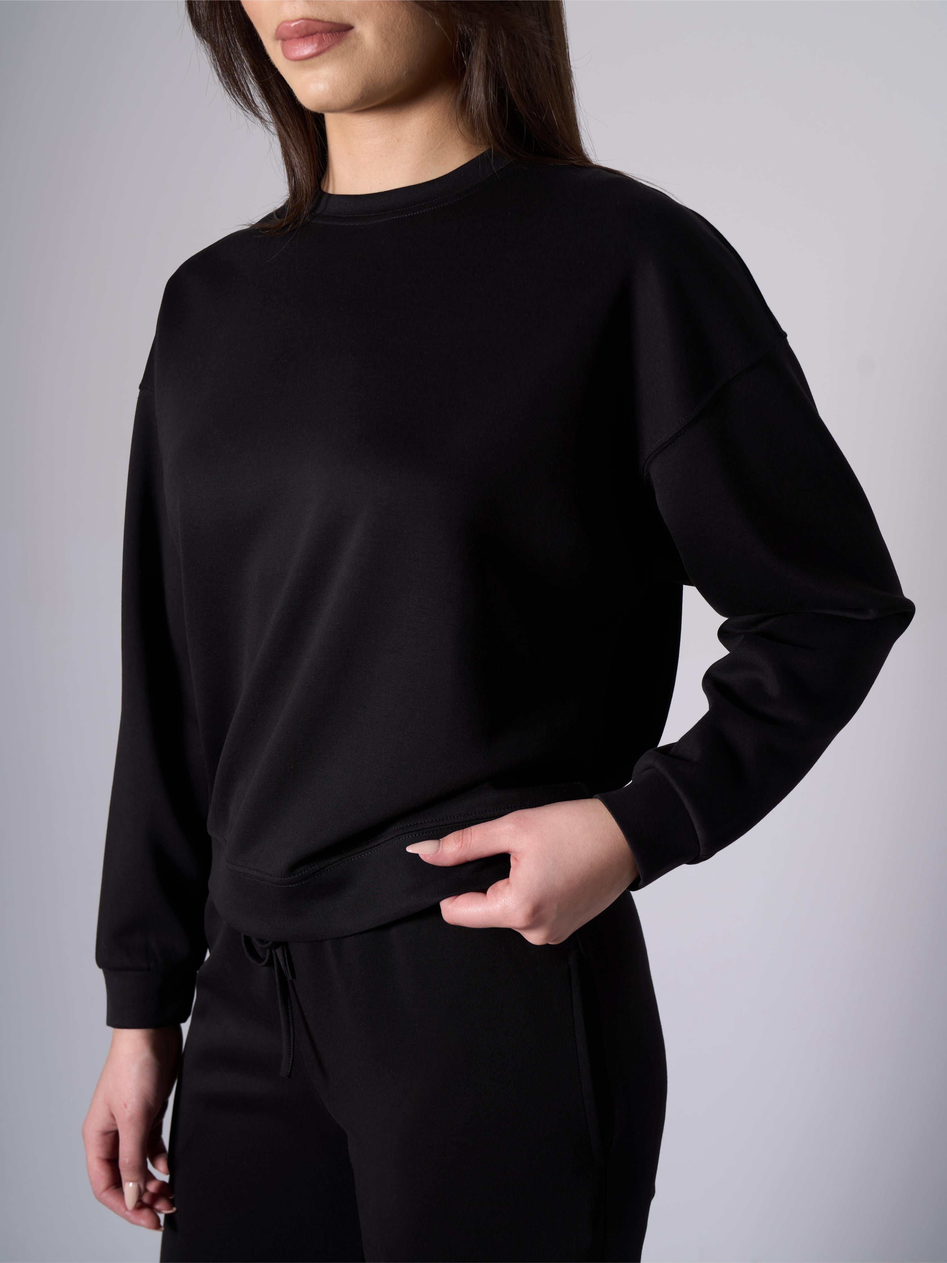 Cleo Yanları Yırtmaçlı Modal Bisiklet Yaka Siyah Sweatshirt - 3