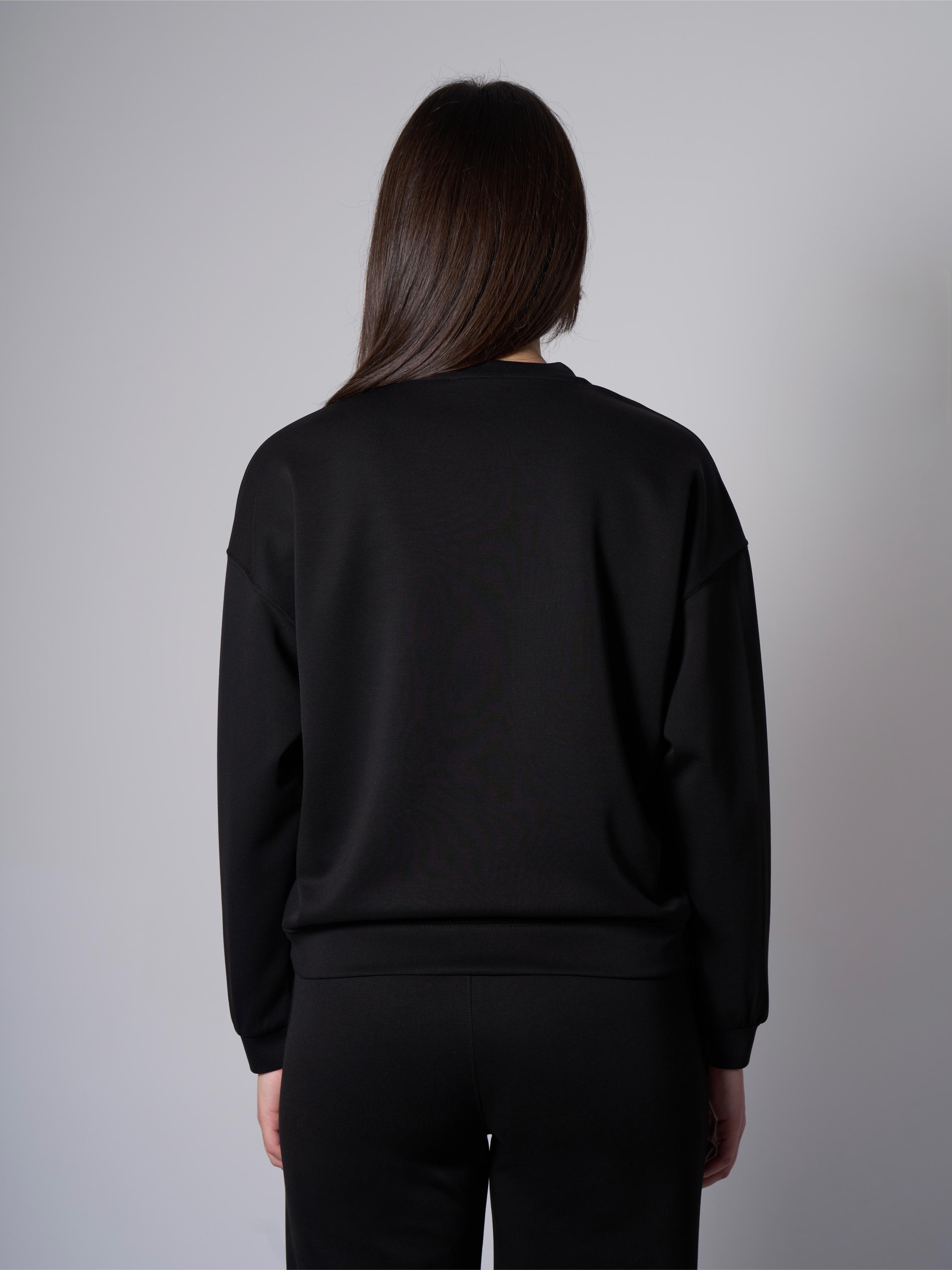 Cleo Yanları Yırtmaçlı Modal Bisiklet Yaka Siyah Sweatshirt - 4