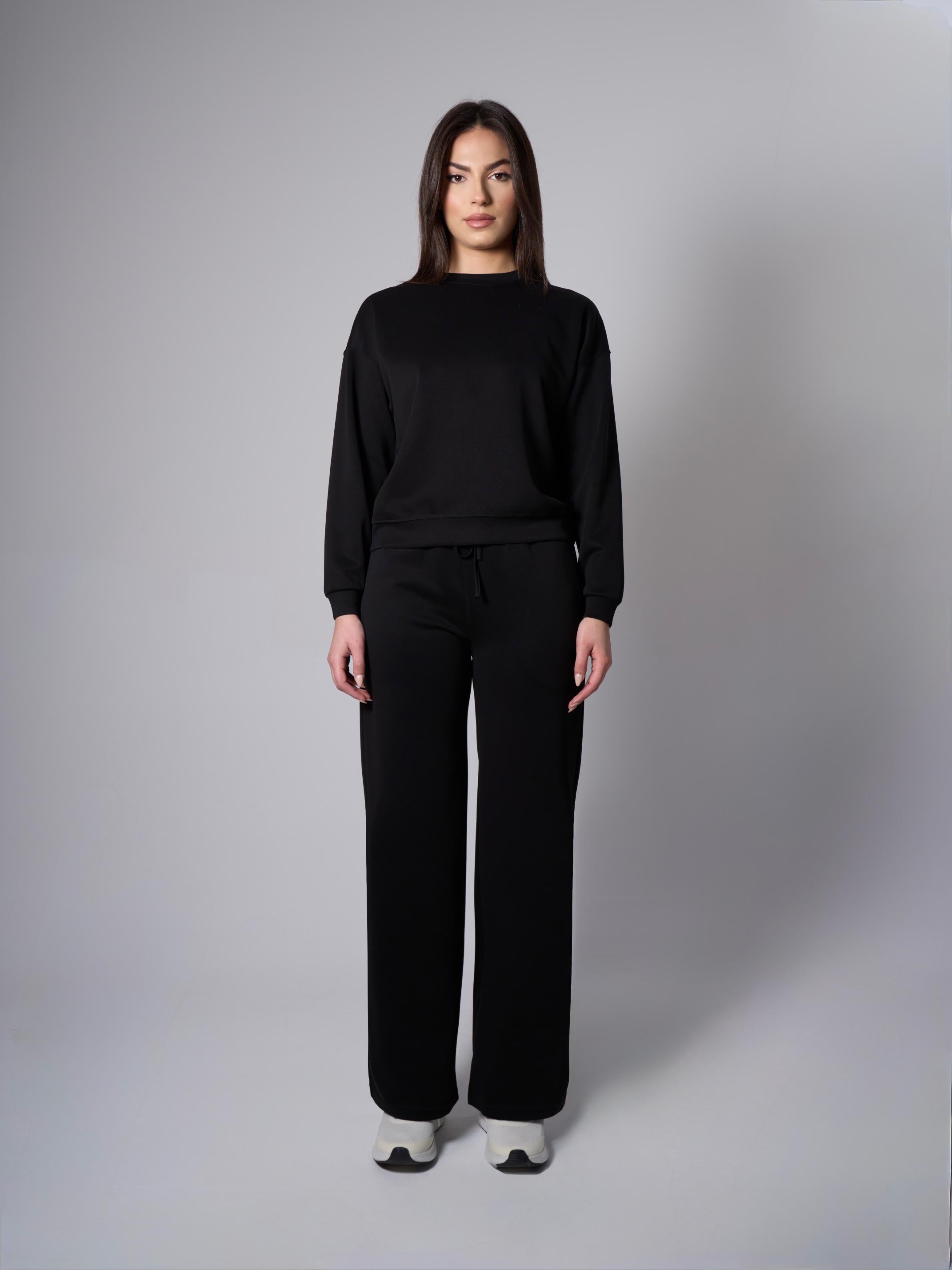 Cleo Yanları Yırtmaçlı Modal Bisiklet Yaka Siyah Sweatshirt - 5