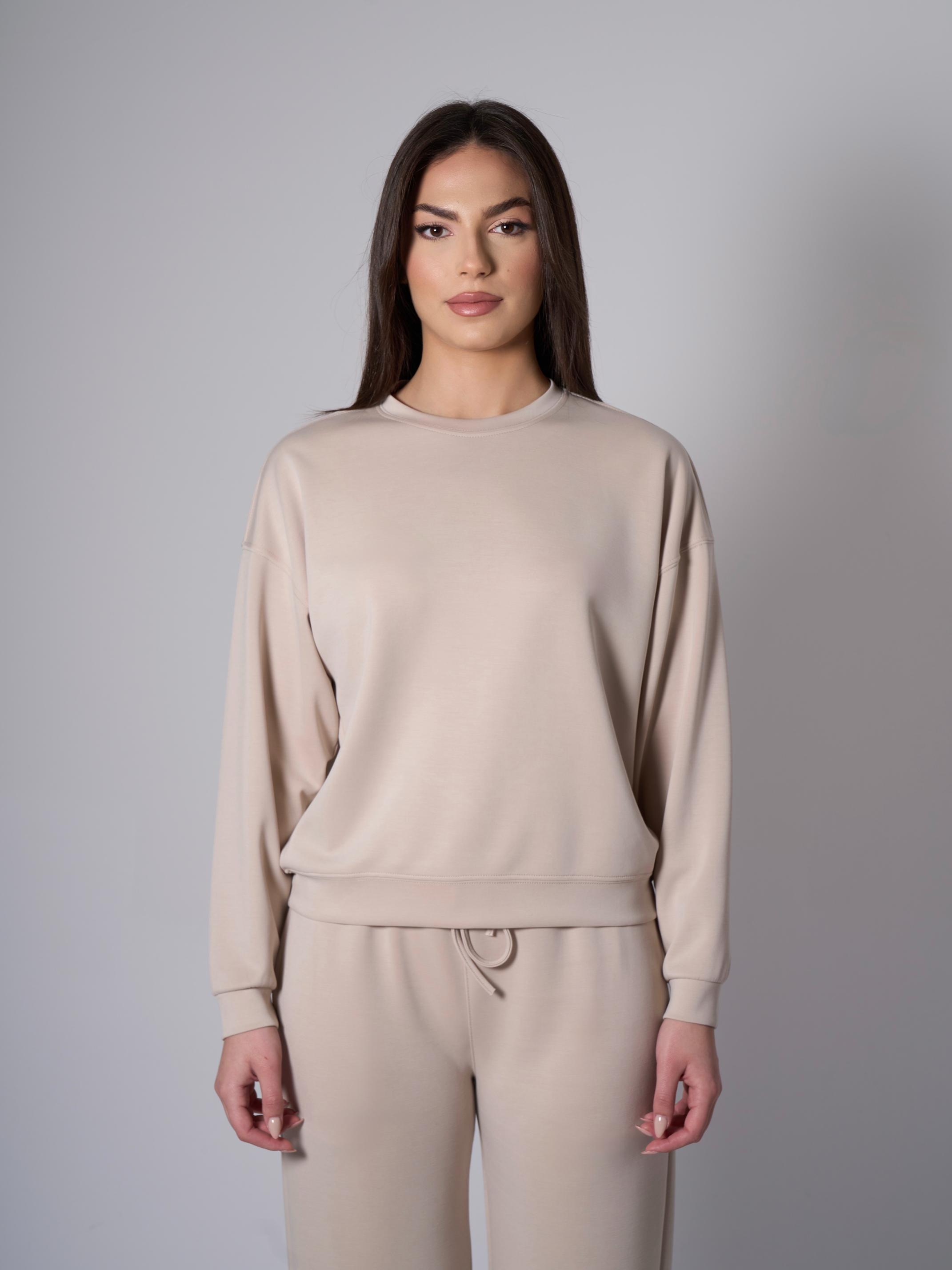Cleo Yanları Yırtmaçlı Modal Bisiklet Yaka Taş Rengi Sweatshirt