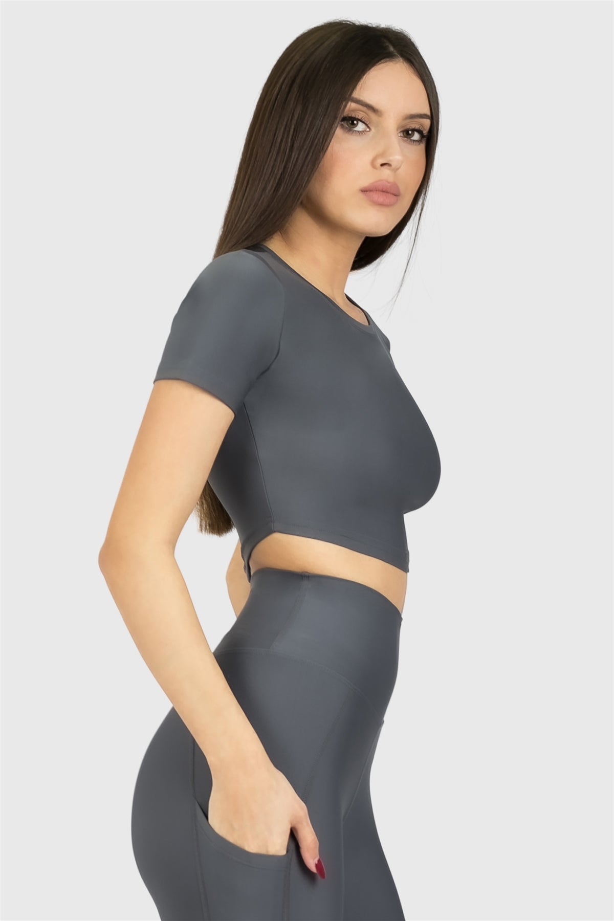 Kısa Kol Spor Füme Crop Top - 5