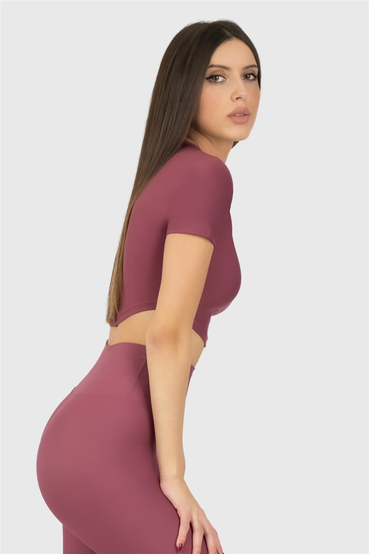Kısa Kol Spor Gül Kurusu Crop Top - 3