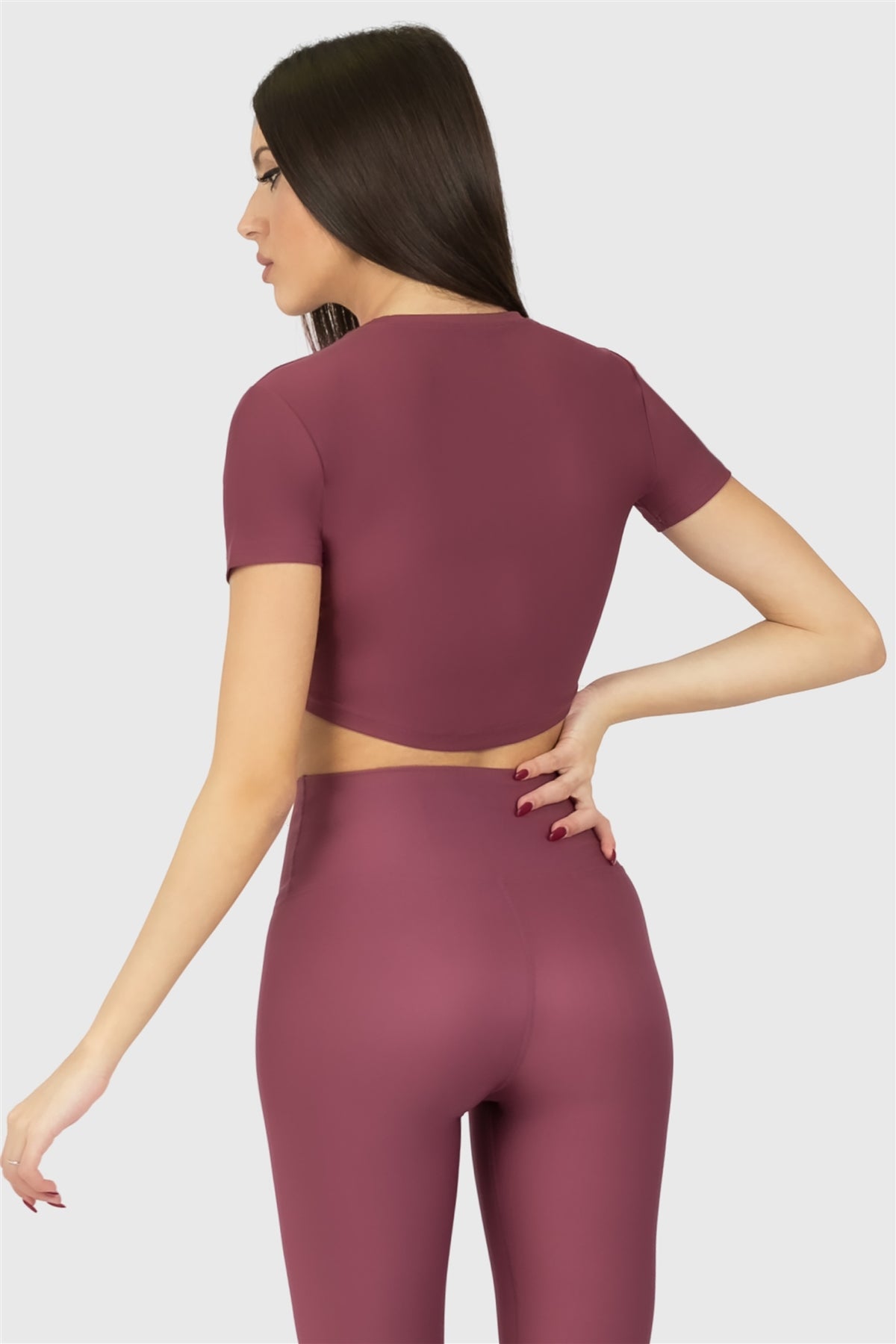 Kısa Kol Spor Gül Kurusu Crop Top - 5