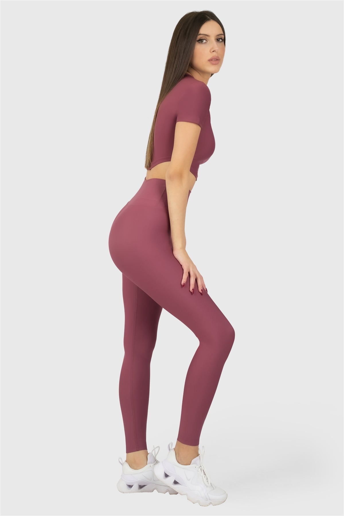 Kısa Kol Spor Gül Kurusu Crop Top - 7