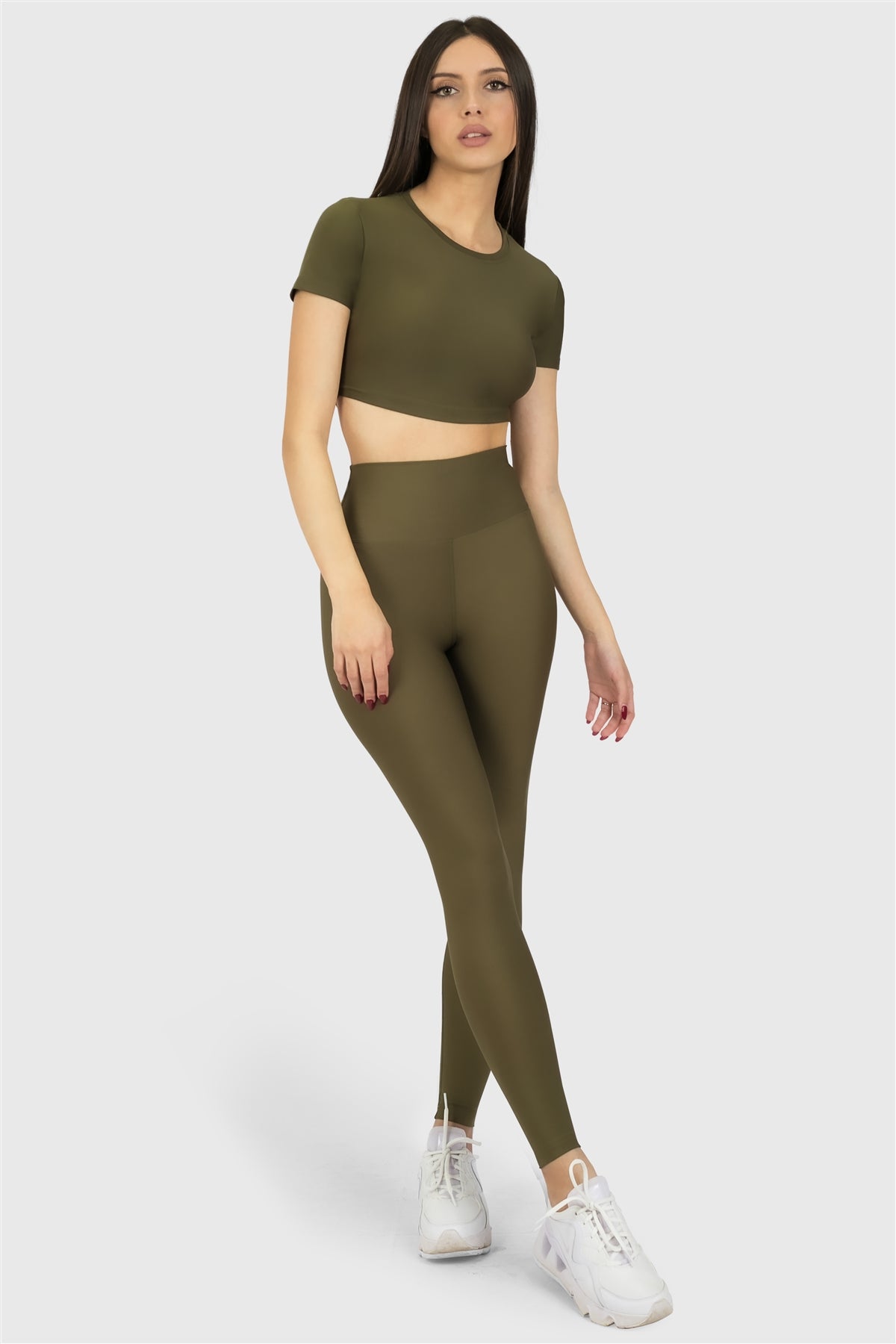 Kısa Kol Spor Haki Crop Top - 3