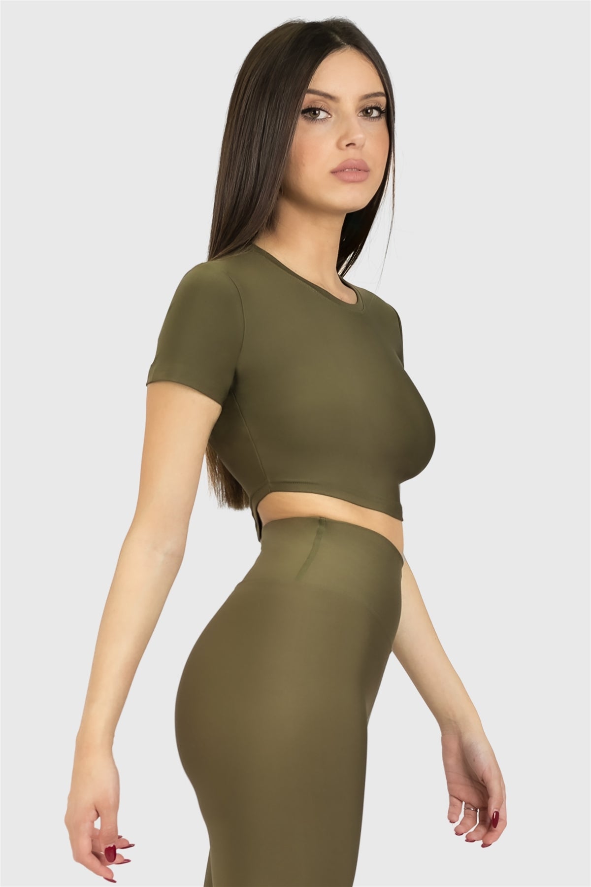 Kısa Kol Spor Haki Crop Top - 4