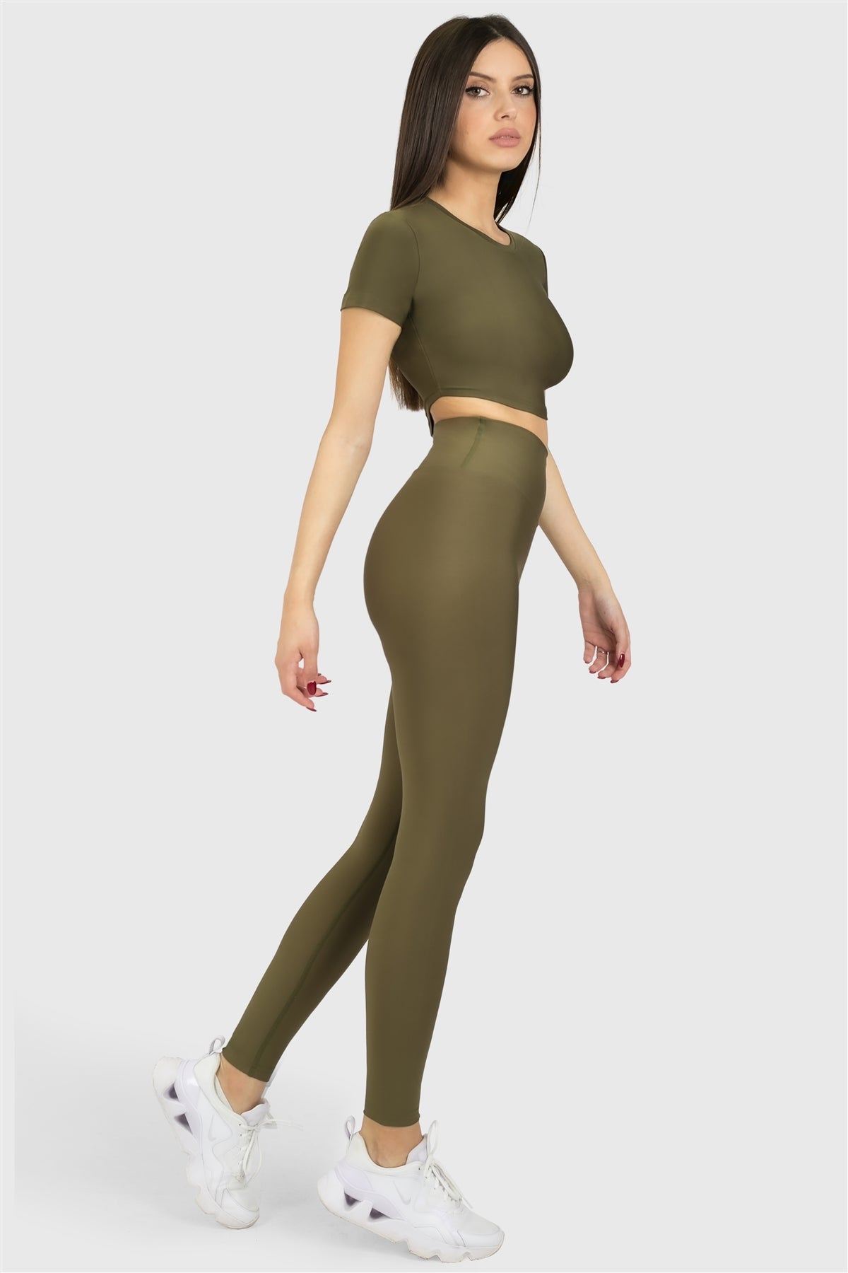 Kısa Kol Spor Haki Crop Top - 5