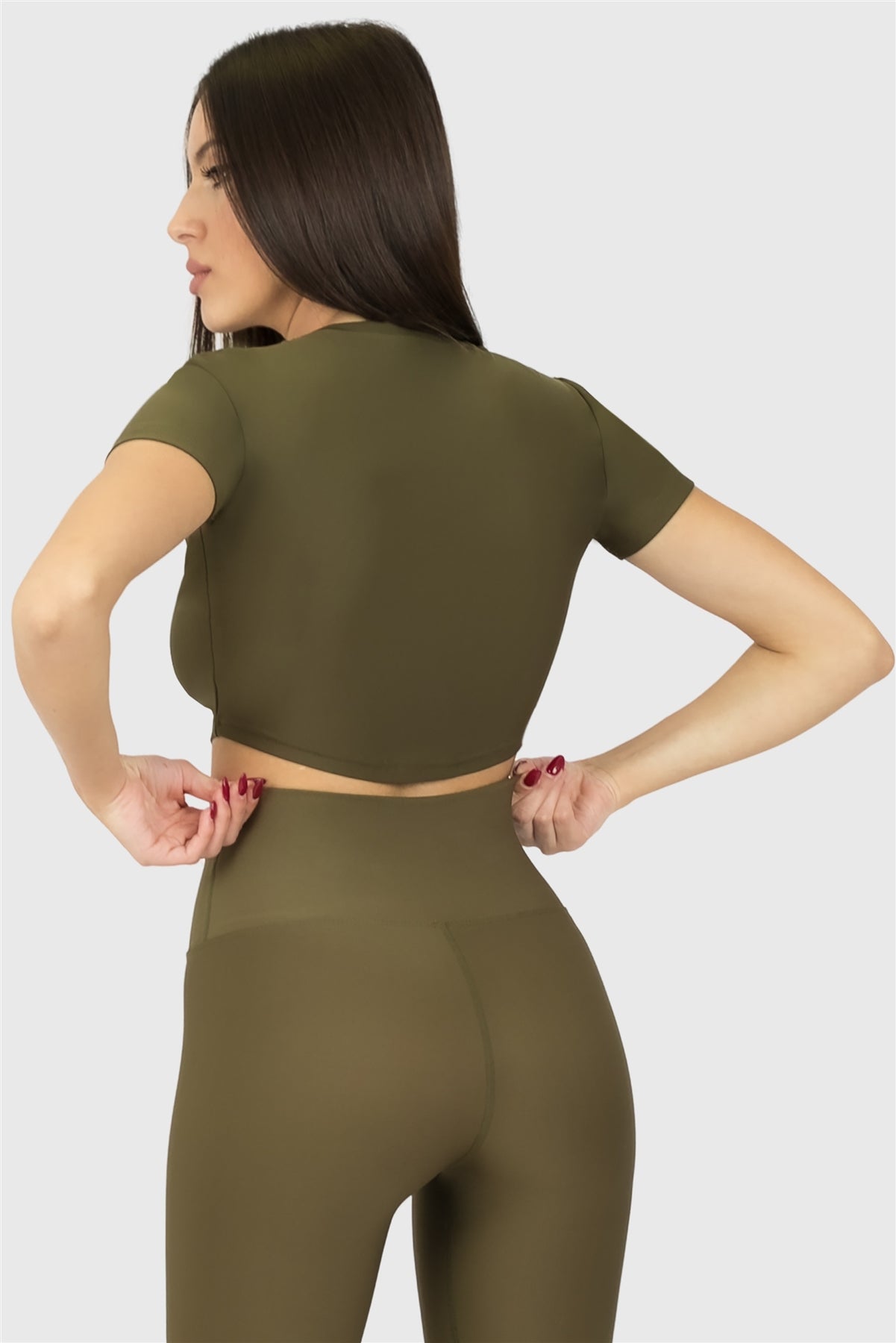 Kısa Kol Spor Haki Crop Top - 6