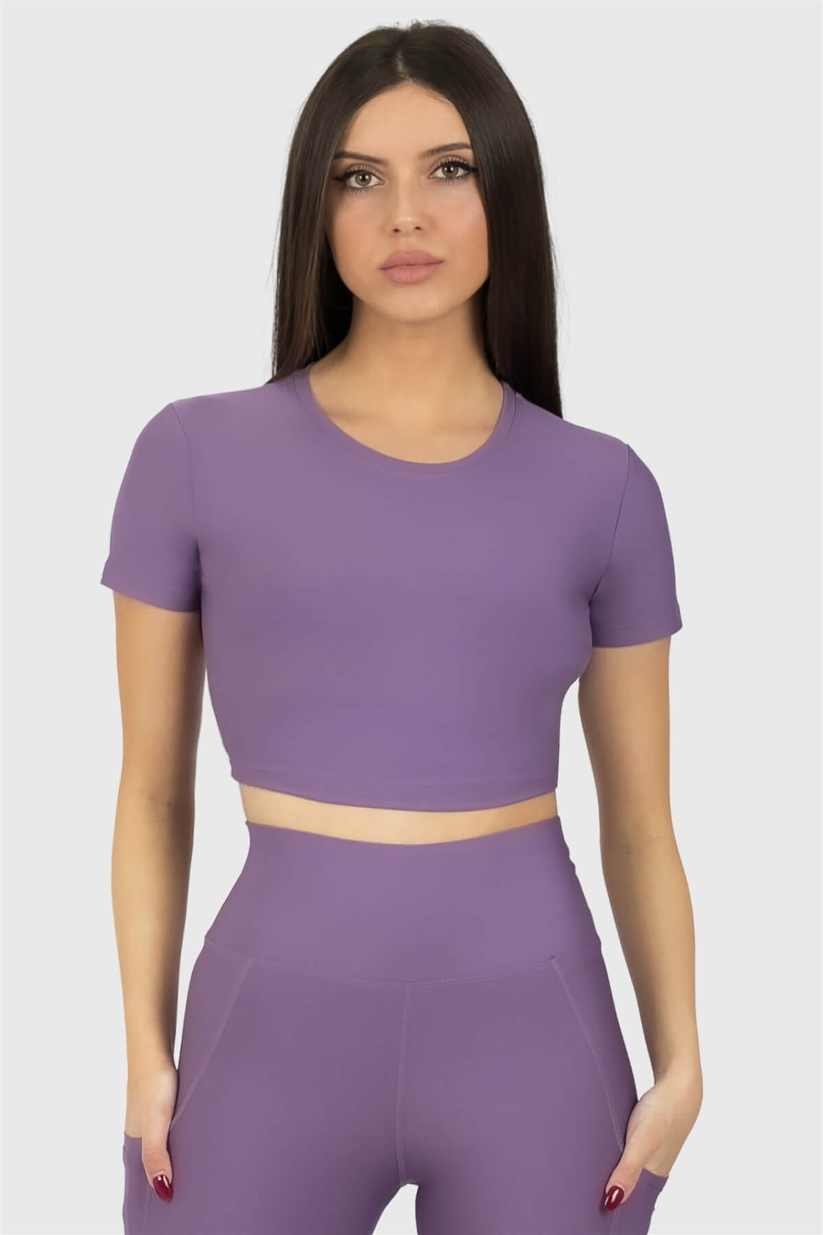 Kısa Kol Spor Lila Crop Top