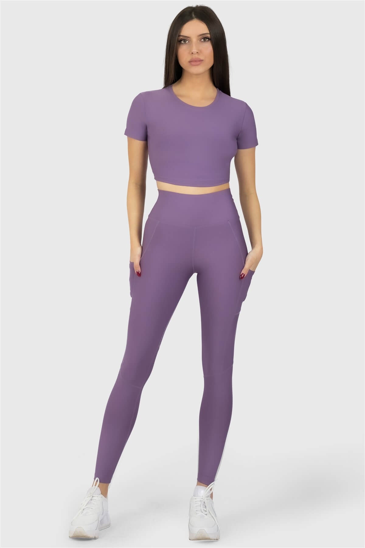 Kısa Kol Spor Lila Crop Top - 3