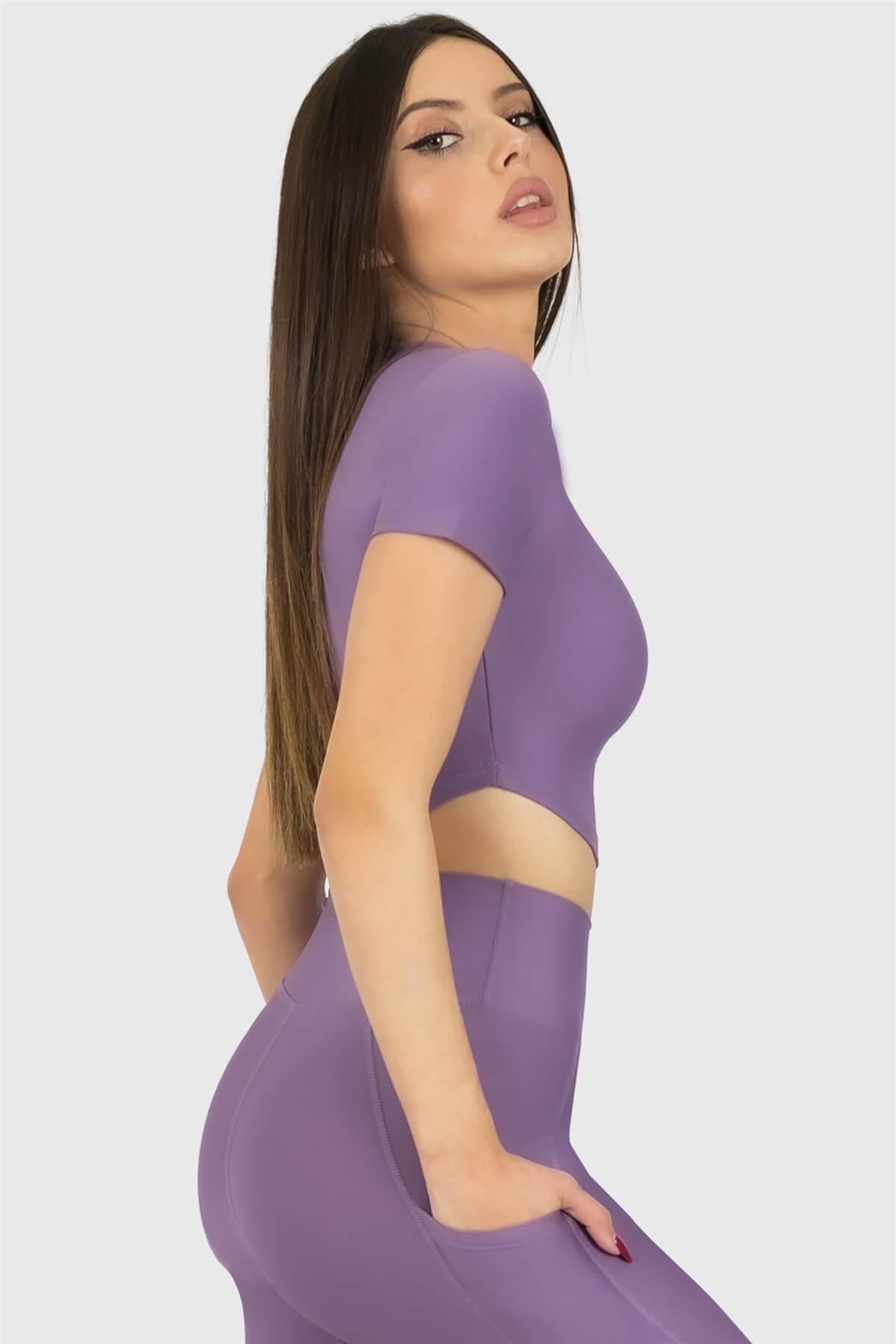 Kısa Kol Spor Lila Crop Top - 4