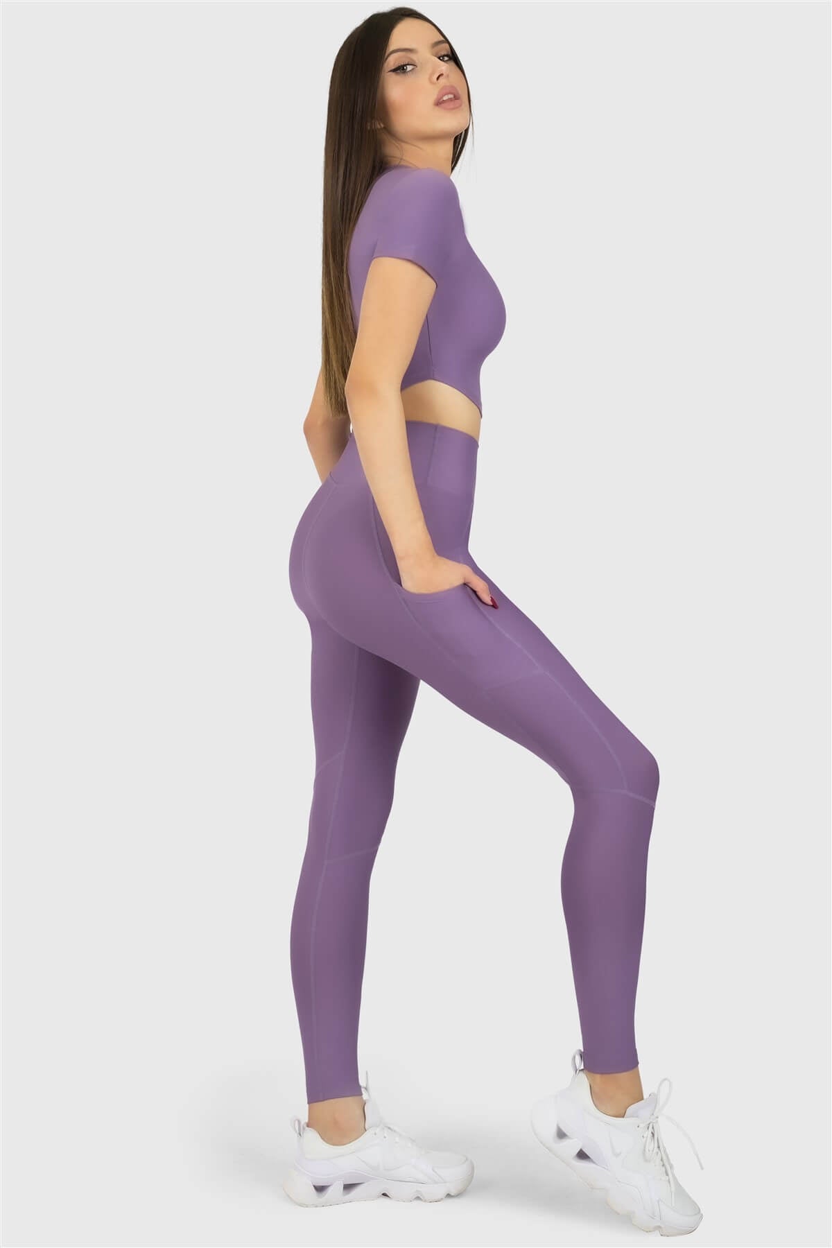 Kısa Kol Spor Lila Crop Top - 5